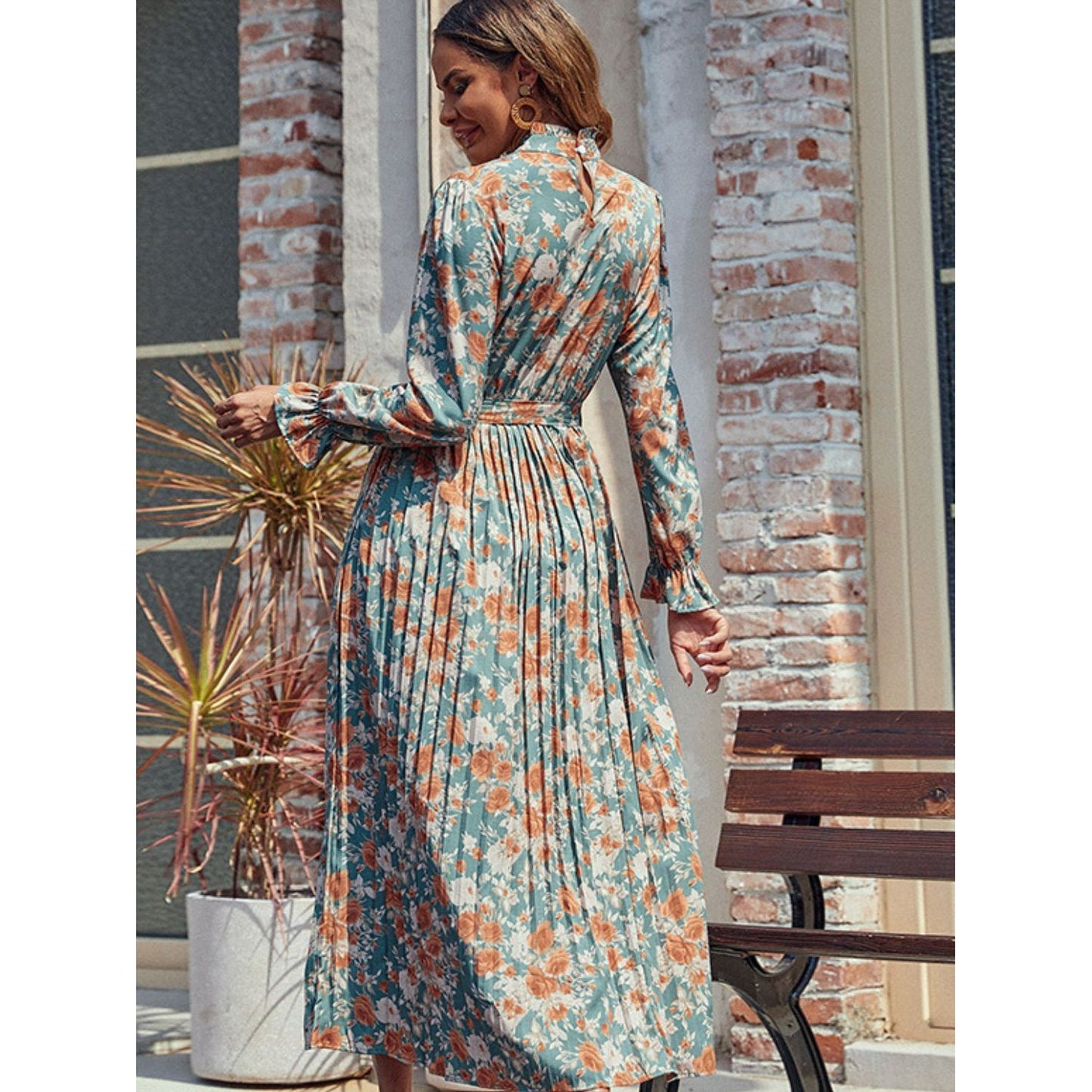 Perfee Tied Pleated Printed Mock Neck Long Sleeve Dress