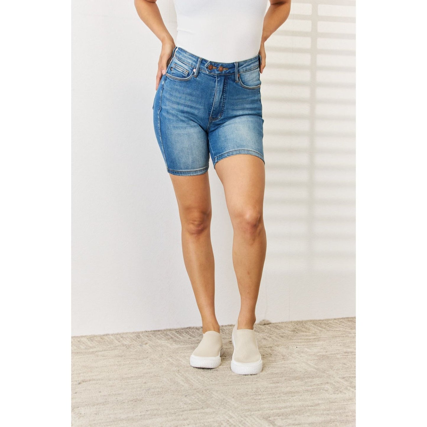 Judy Blue Full Size Tummy Control Double Button Bermuda Denim Shorts