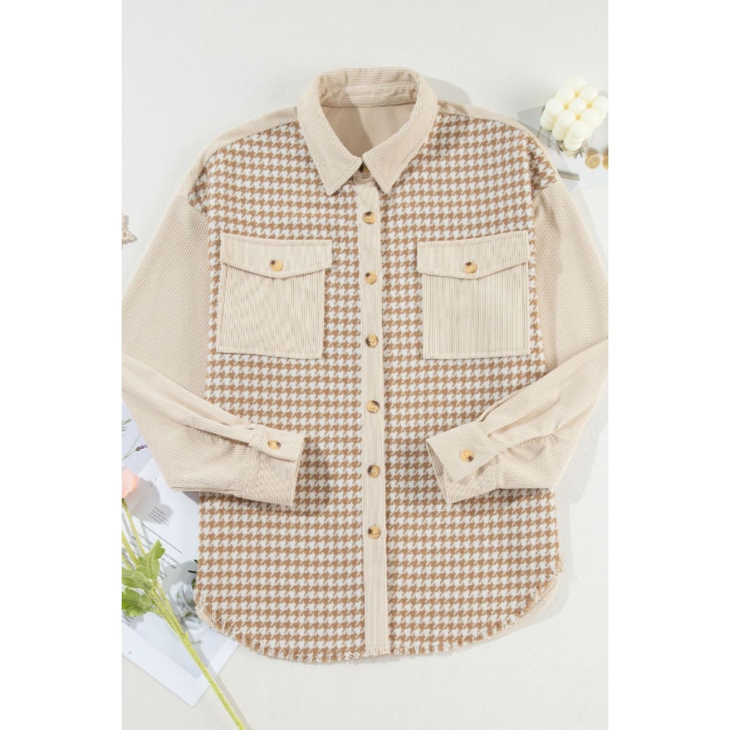 Houndstooth Button Up Long Sleeve Jacket