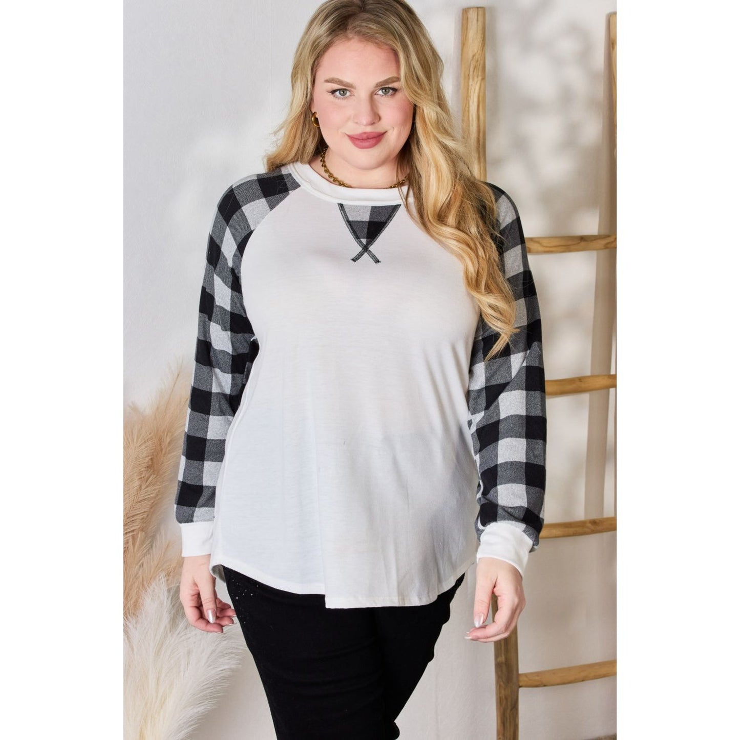 Hailey & Co Full Size Plaid Raglan Sleeve Round Neck Blouse