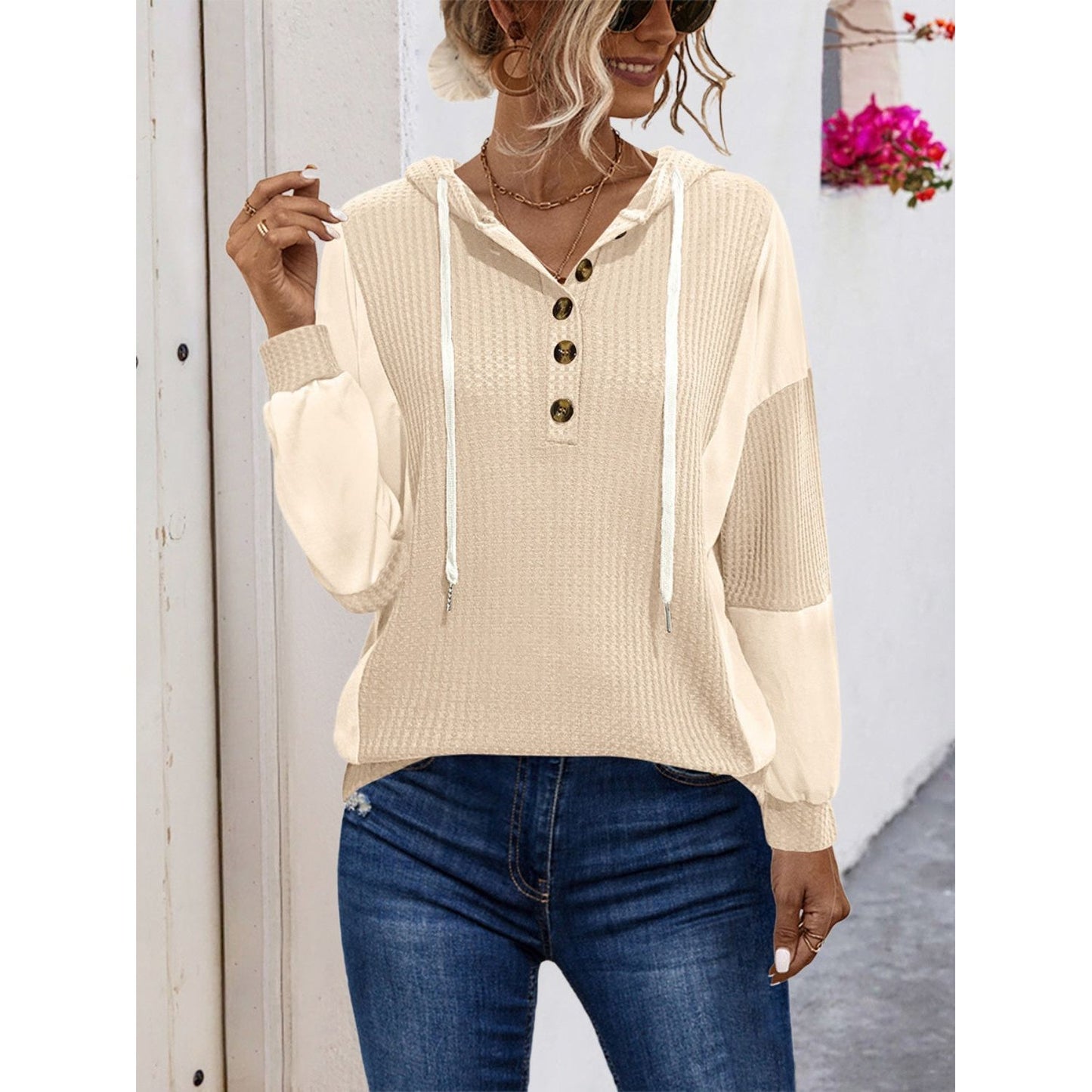 Drawstring Contrast Long Sleeve Hoodie