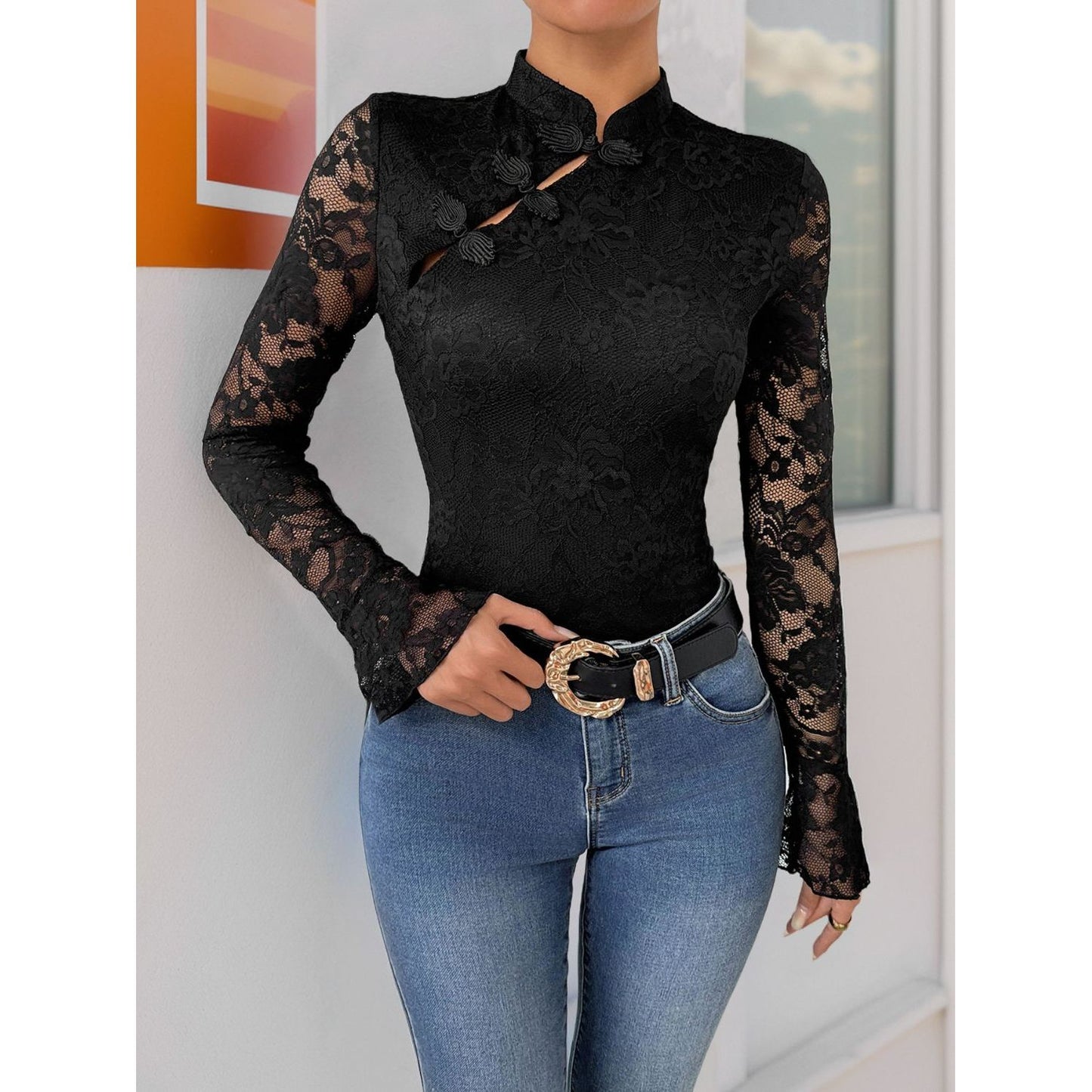 Perfee Lace Mock Neck Long Sleeve Bodysuit