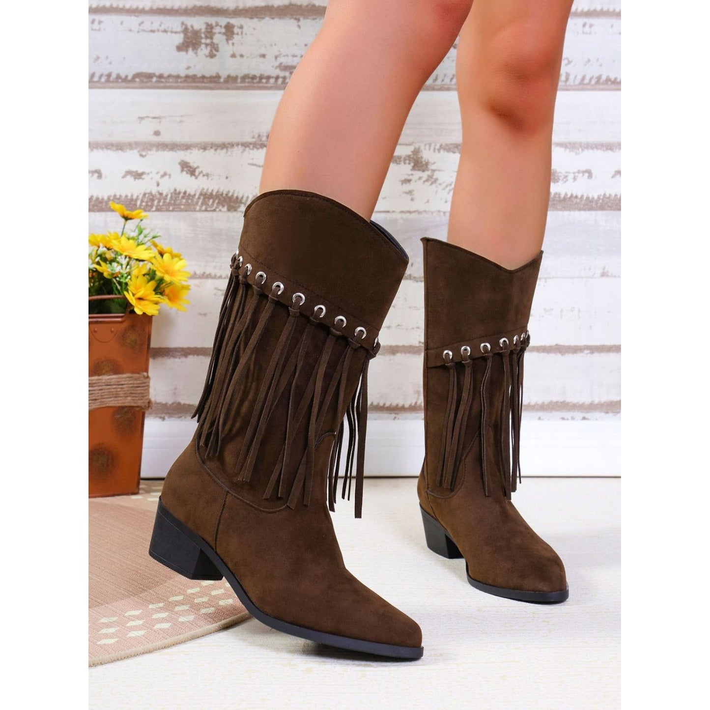 Fringe Suede Point Toe Block Heel Boots