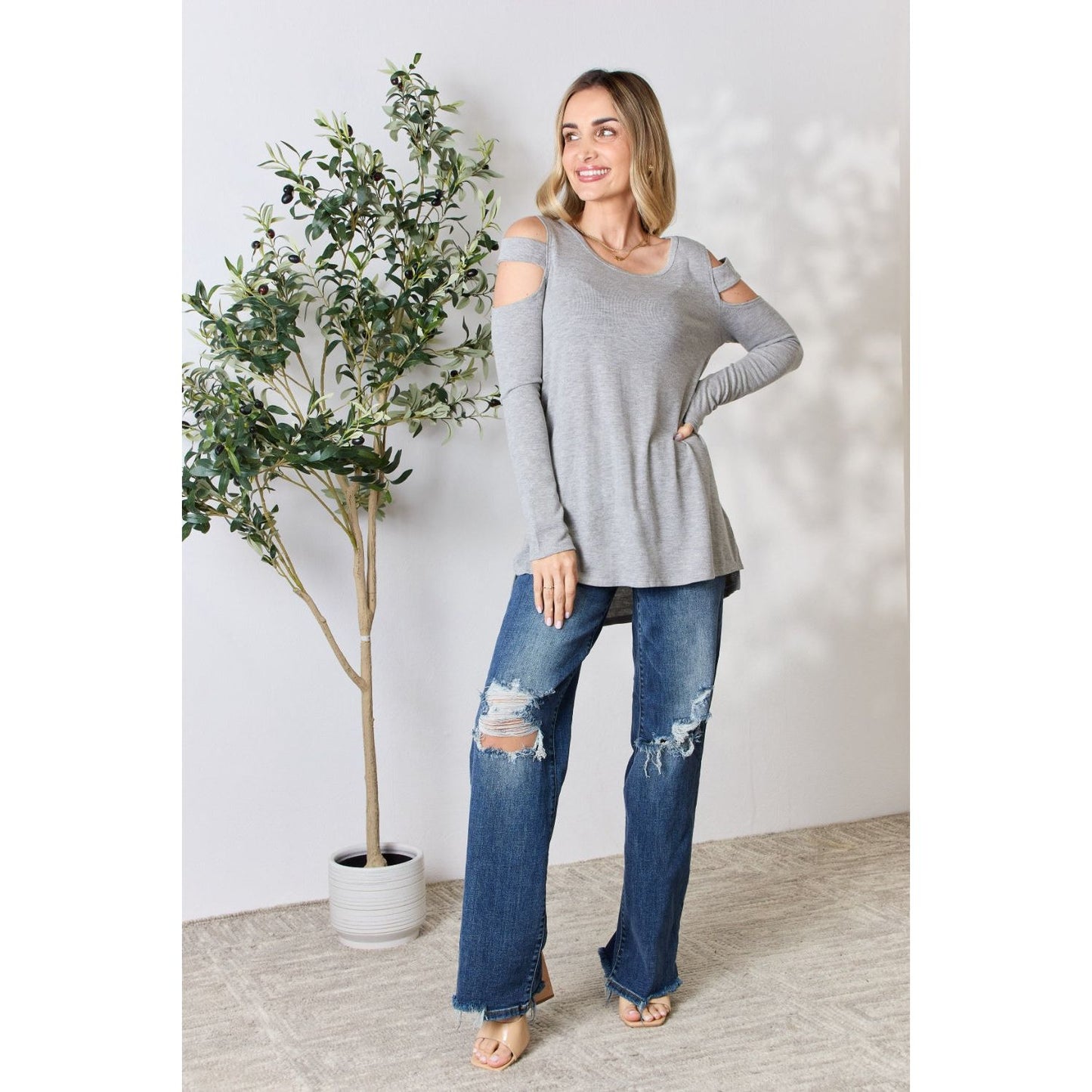 Hailey & Co Cutout Cold Shoulder Long Sleeve Top