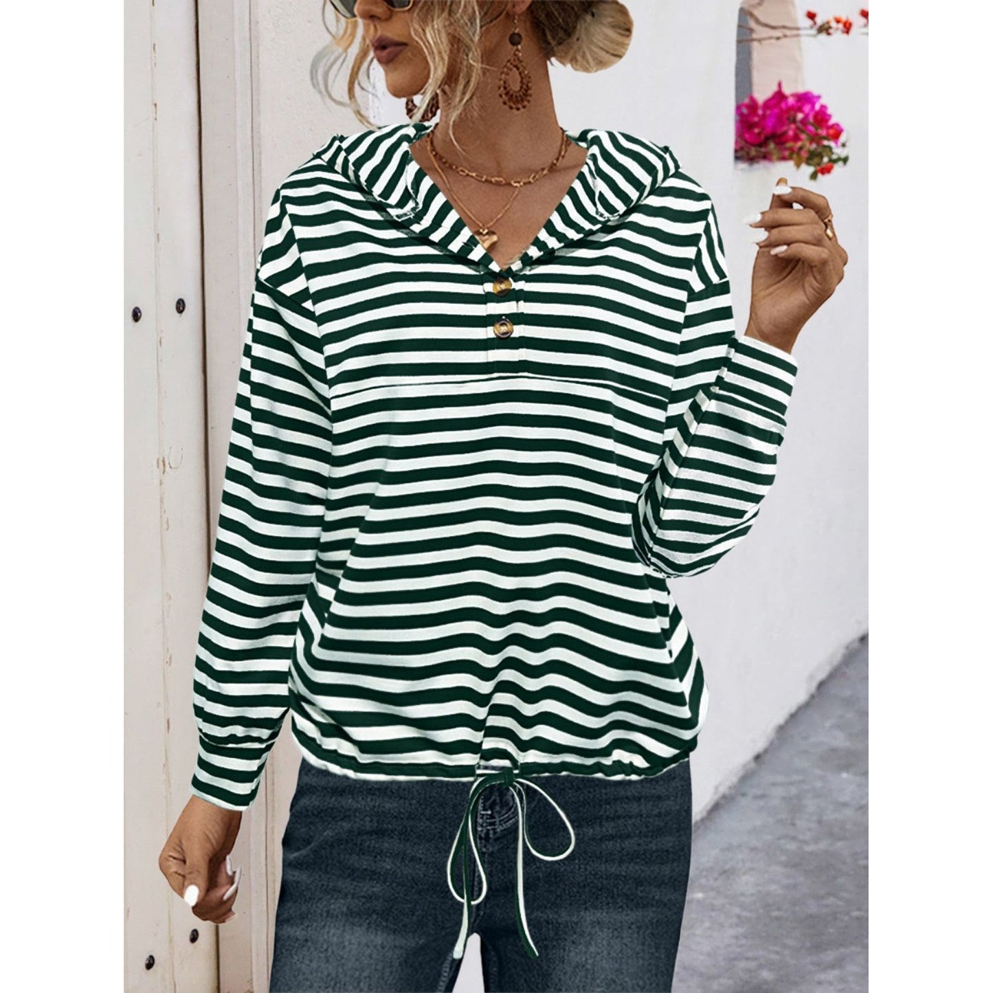 Drawstring Striped Long Sleeve Hoodie