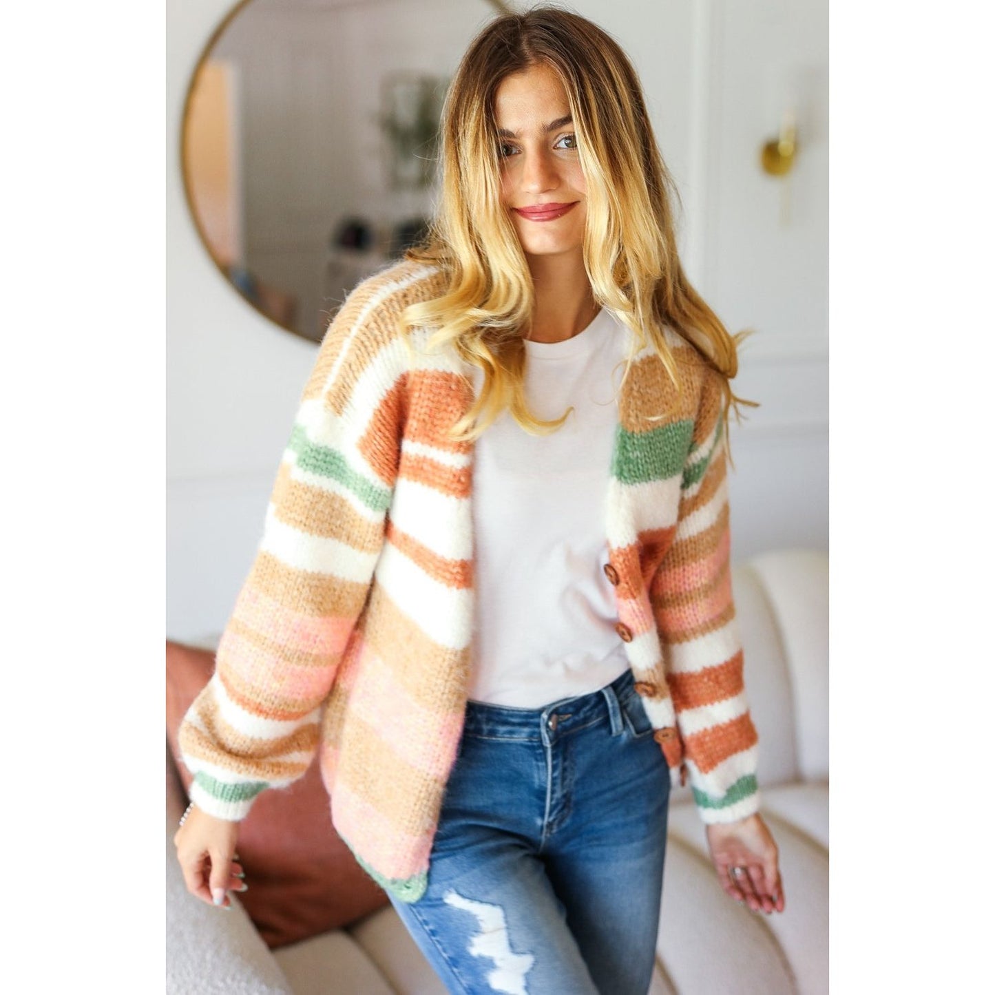 Haptics Full Size Button Down Striped Sweater Cardigan