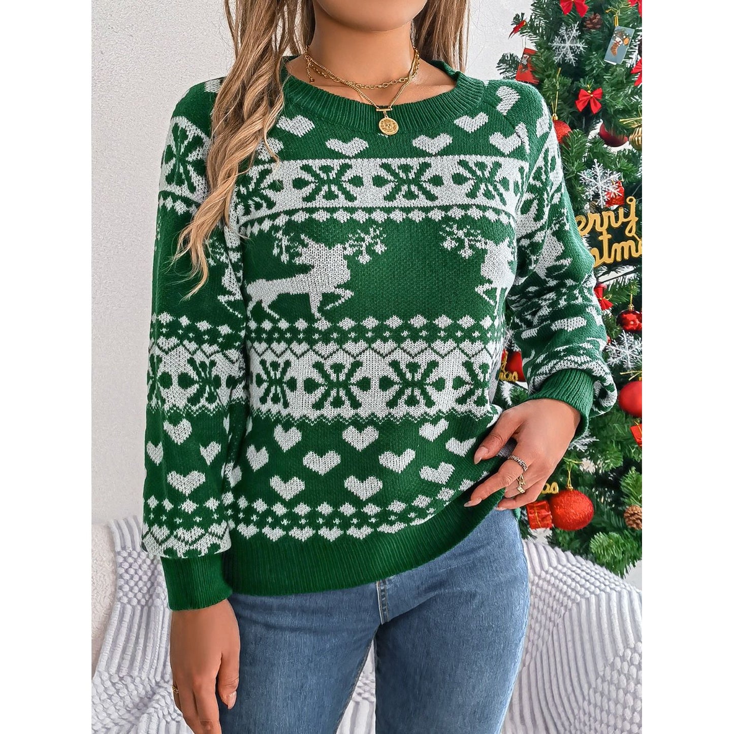 Christmas Element Round Neck Long Sleeve Sweater