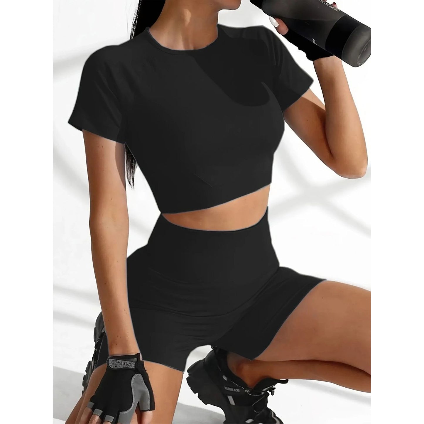 Round Neck Short Sleeve Top and Shorts Active Set