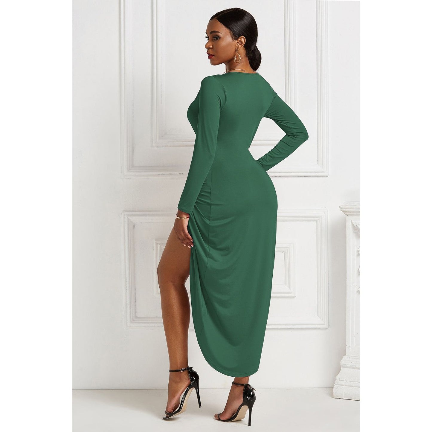 High-low Ruched Surplice Long Sleeve Dress