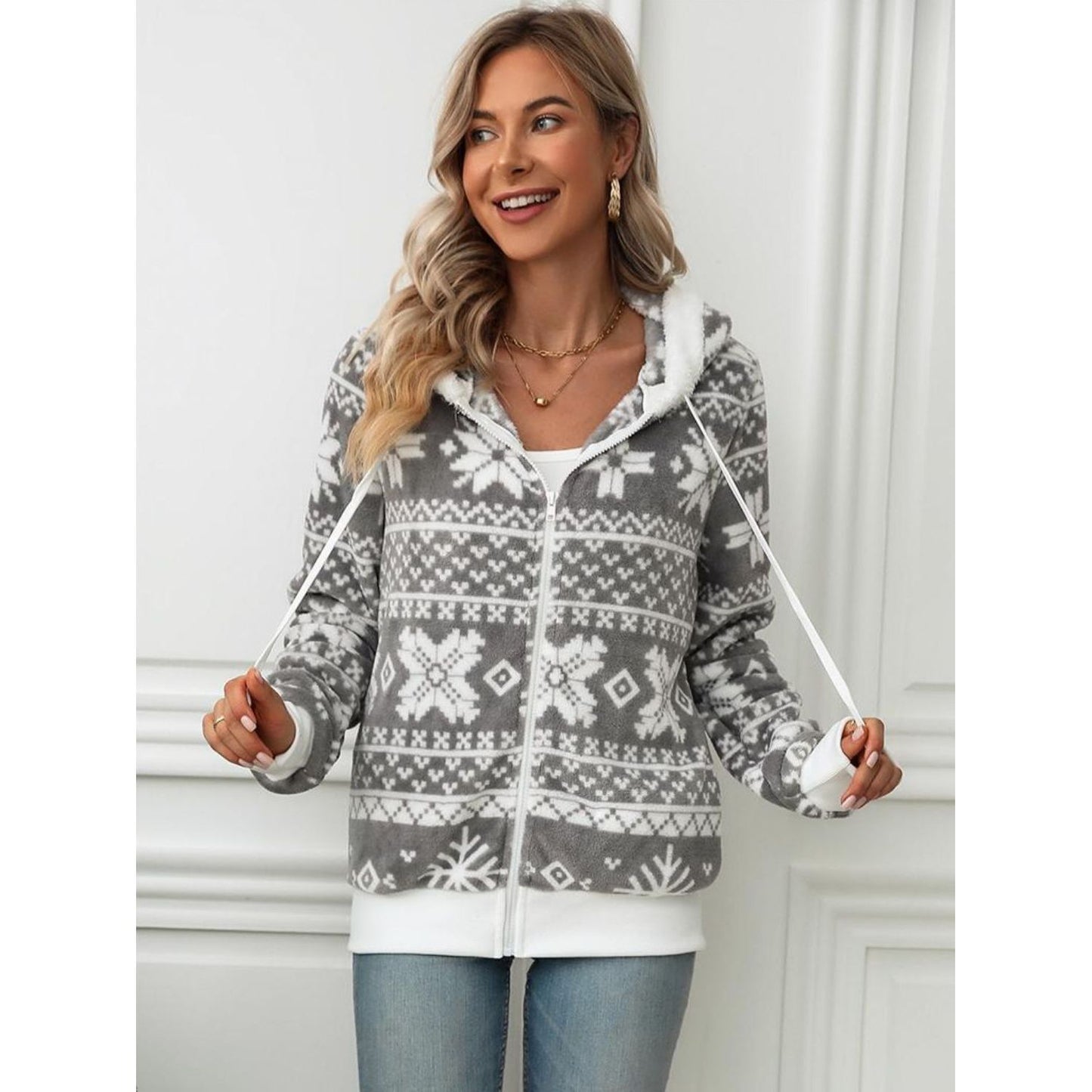 Drawstring Snowflake Zip Up Hooded Outerwear