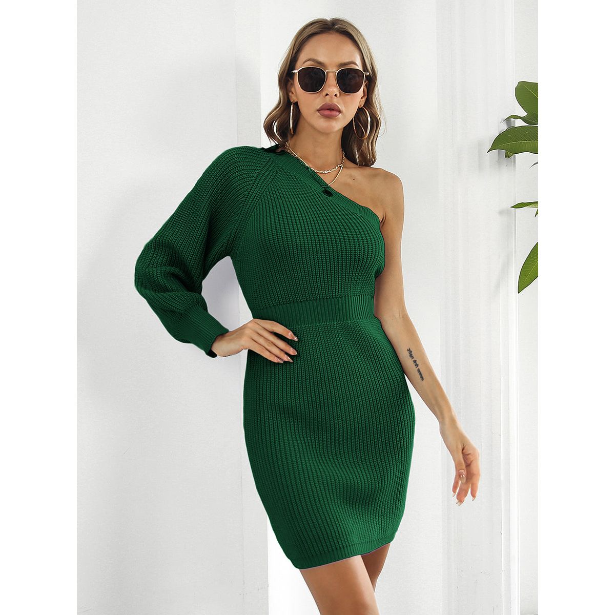 One-Shoulder Mini Sweater Dress