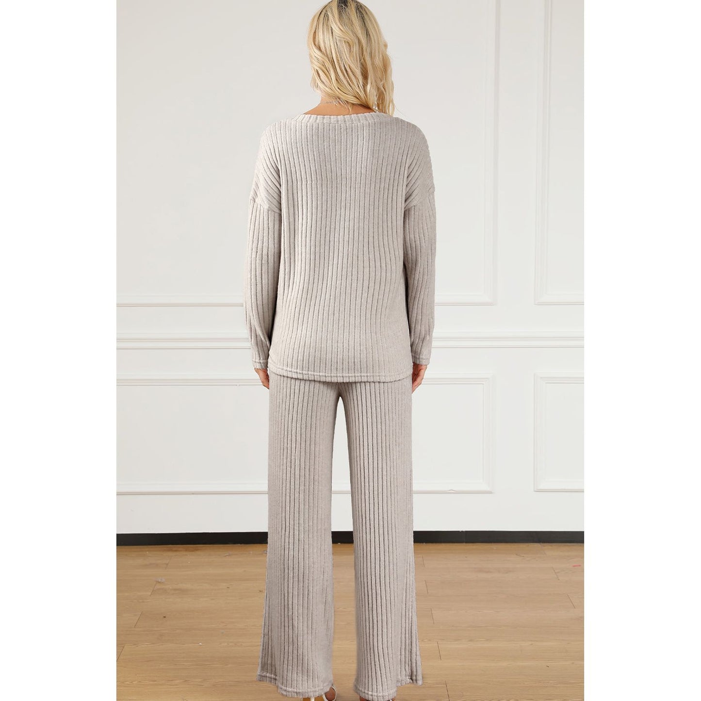 Ribbed V-Neck Top and Pants Lounge Set