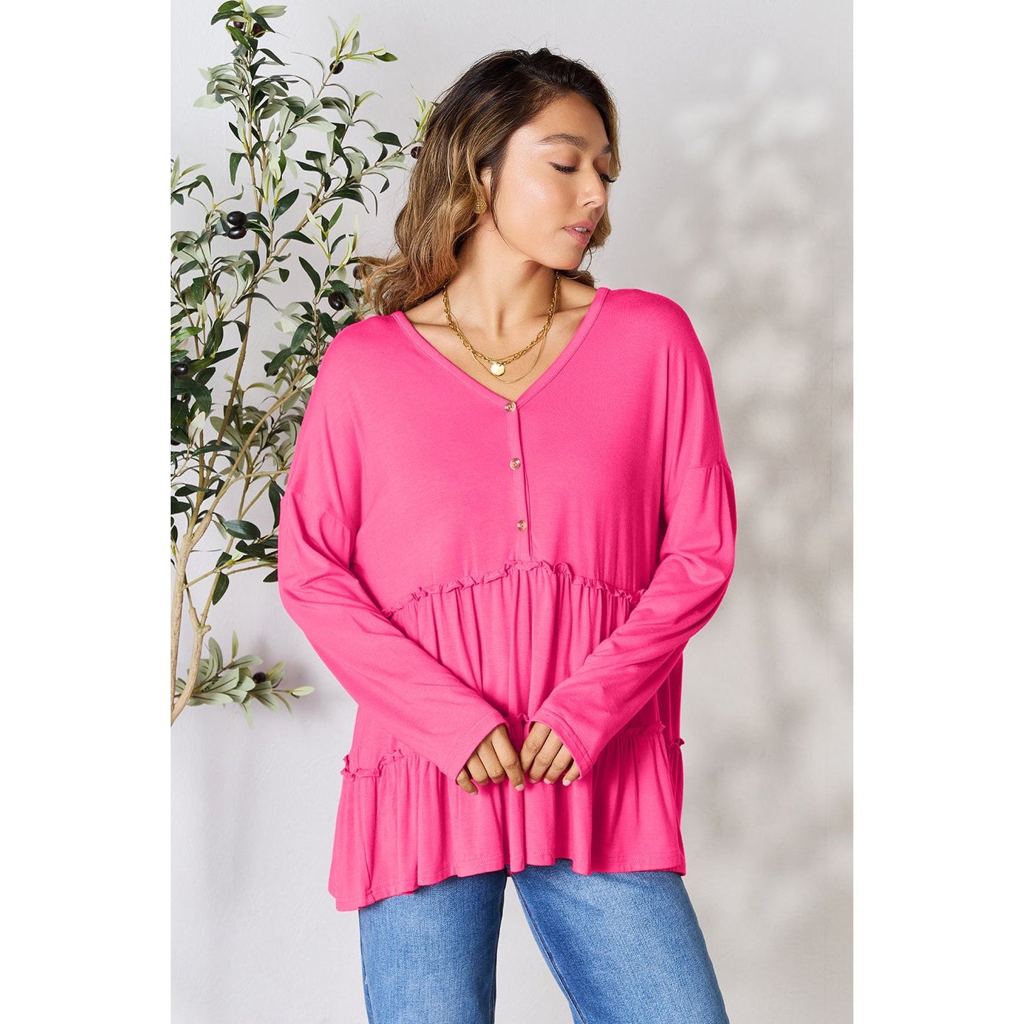 Double Take Half Button Long Sleeve Ruffle Hem Blouse