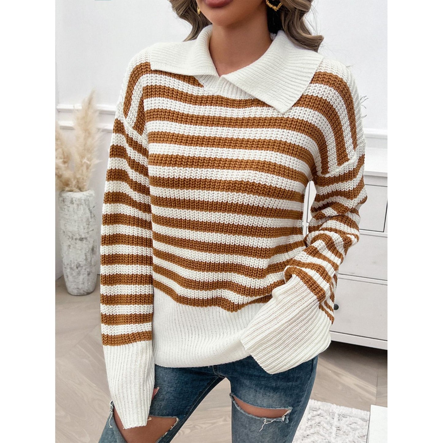 Devine Striped Collared Neck Long Sleeve Sweater