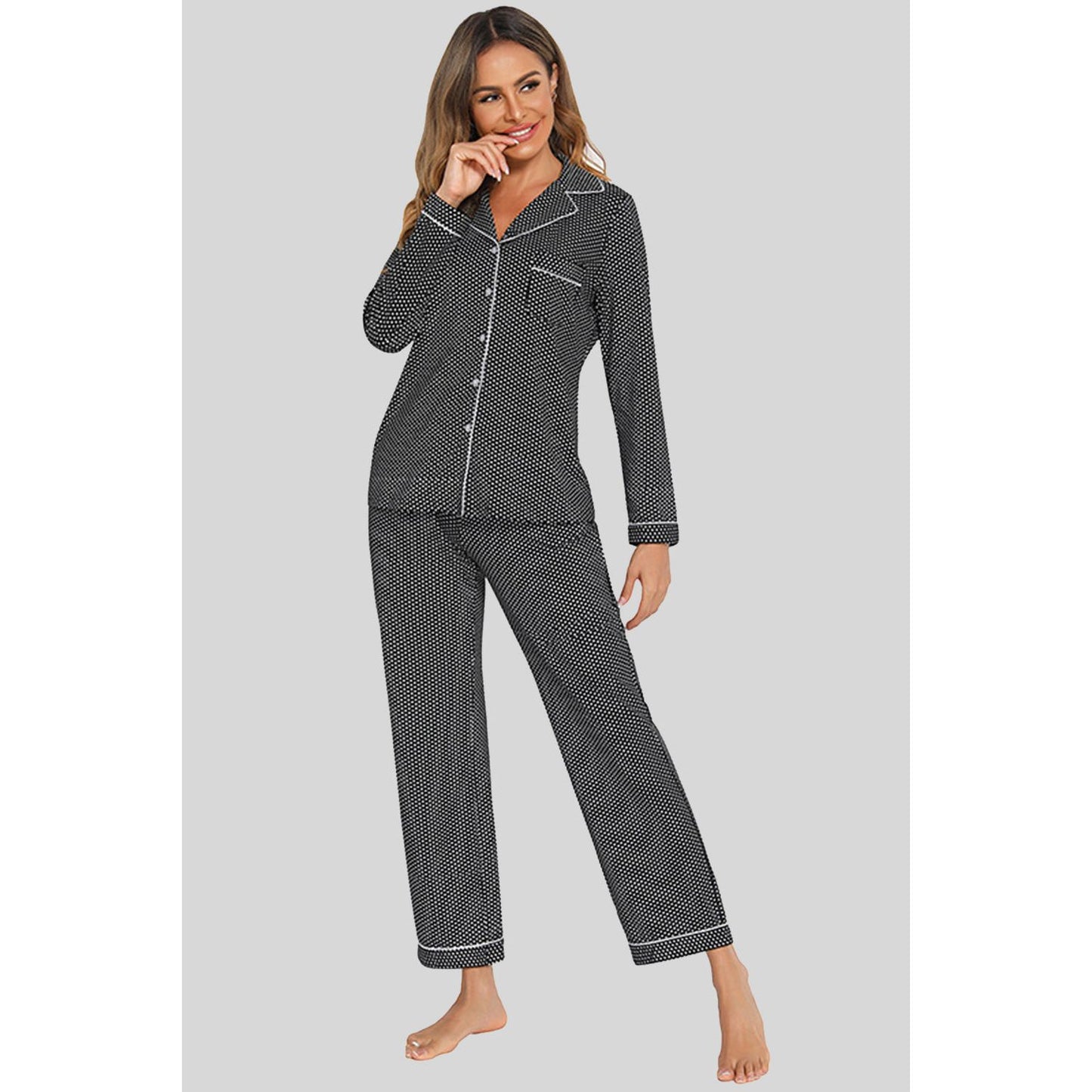 Collared Neck Loungewear Set with Pocket