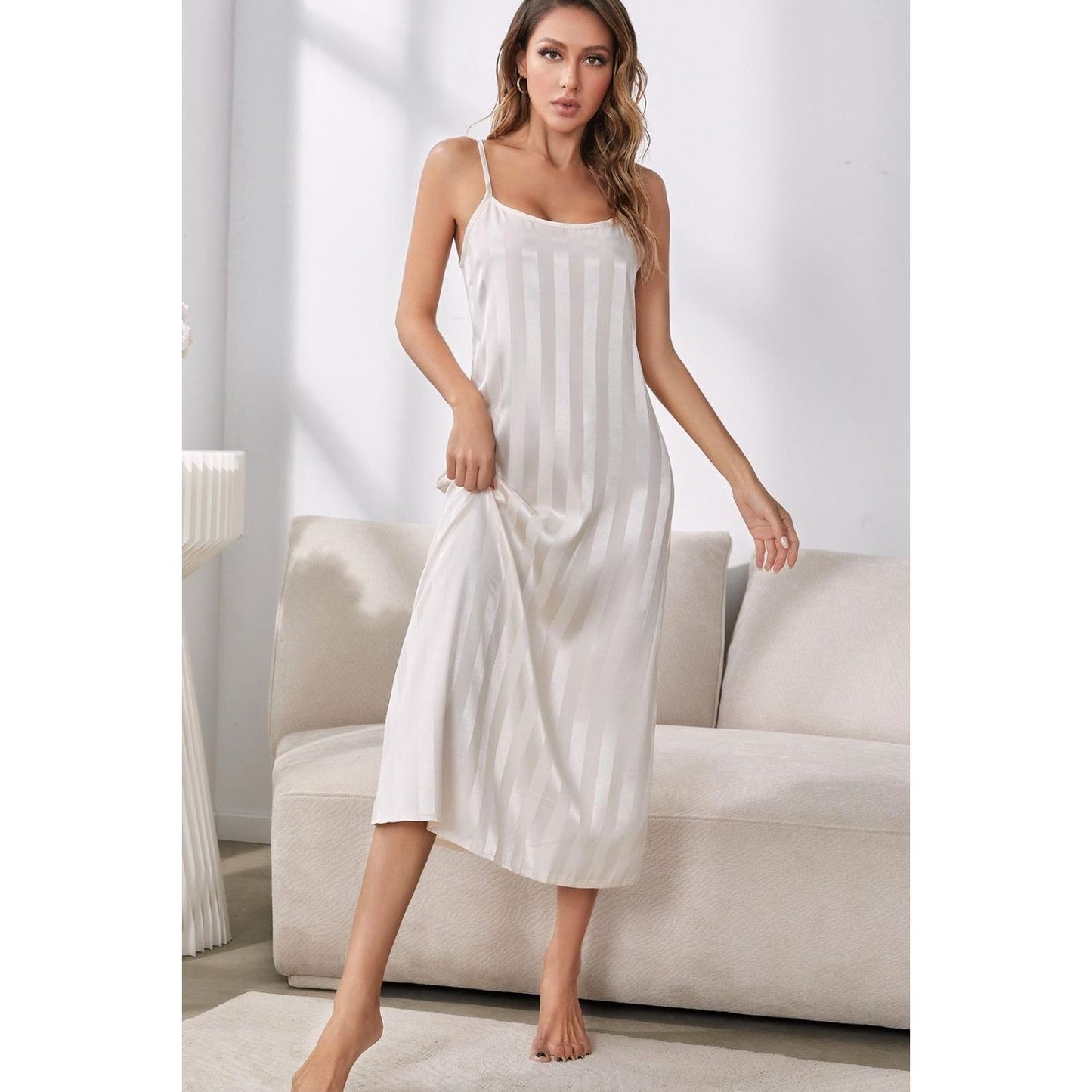 Striped Flounce Sleeve Open Front Robe and Cami Dress Set