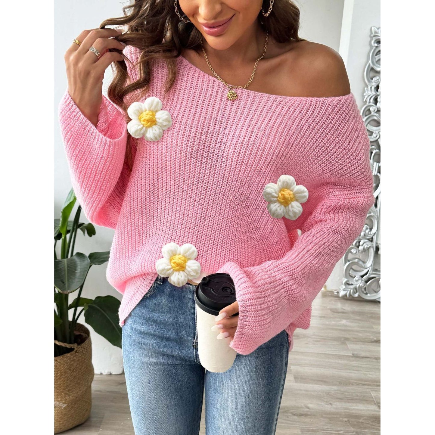 Flower Round Neck Long Sleeve Sweater