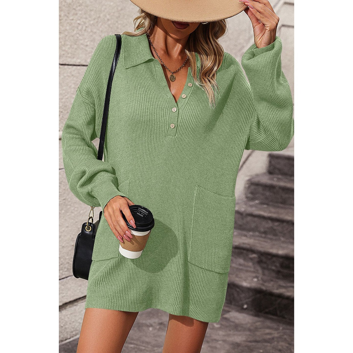 Collared Neck Long Sleeve Sweater Dress with Pockets