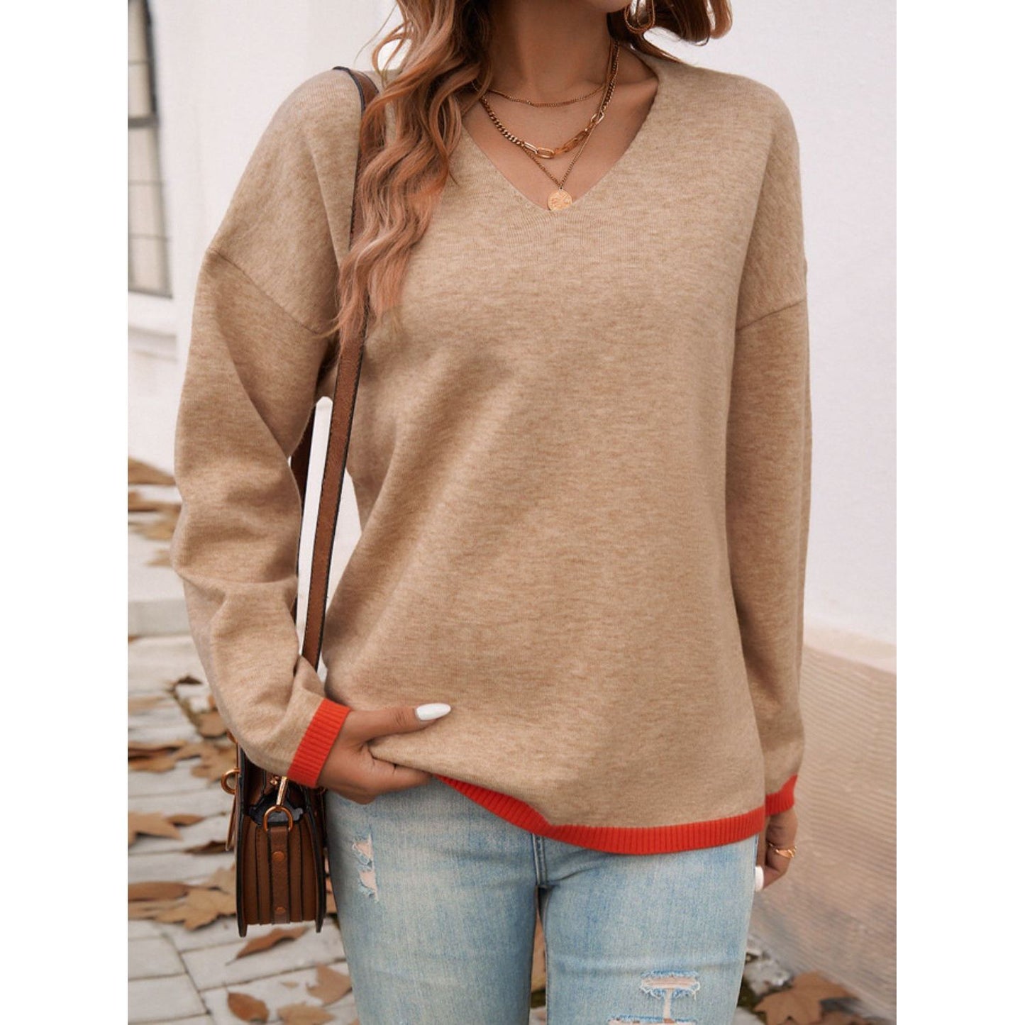 Devine Contrast Trim V-Neck Dropped Shoulder Sweater