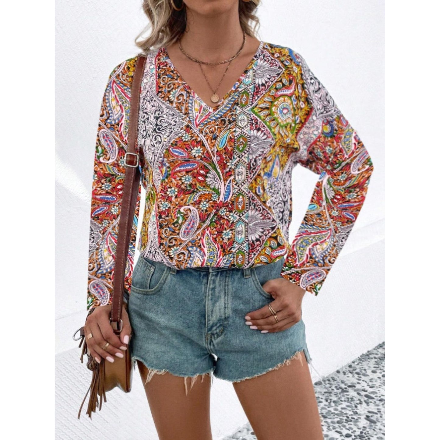 Printed V-Neck Long Sleeve Blouse