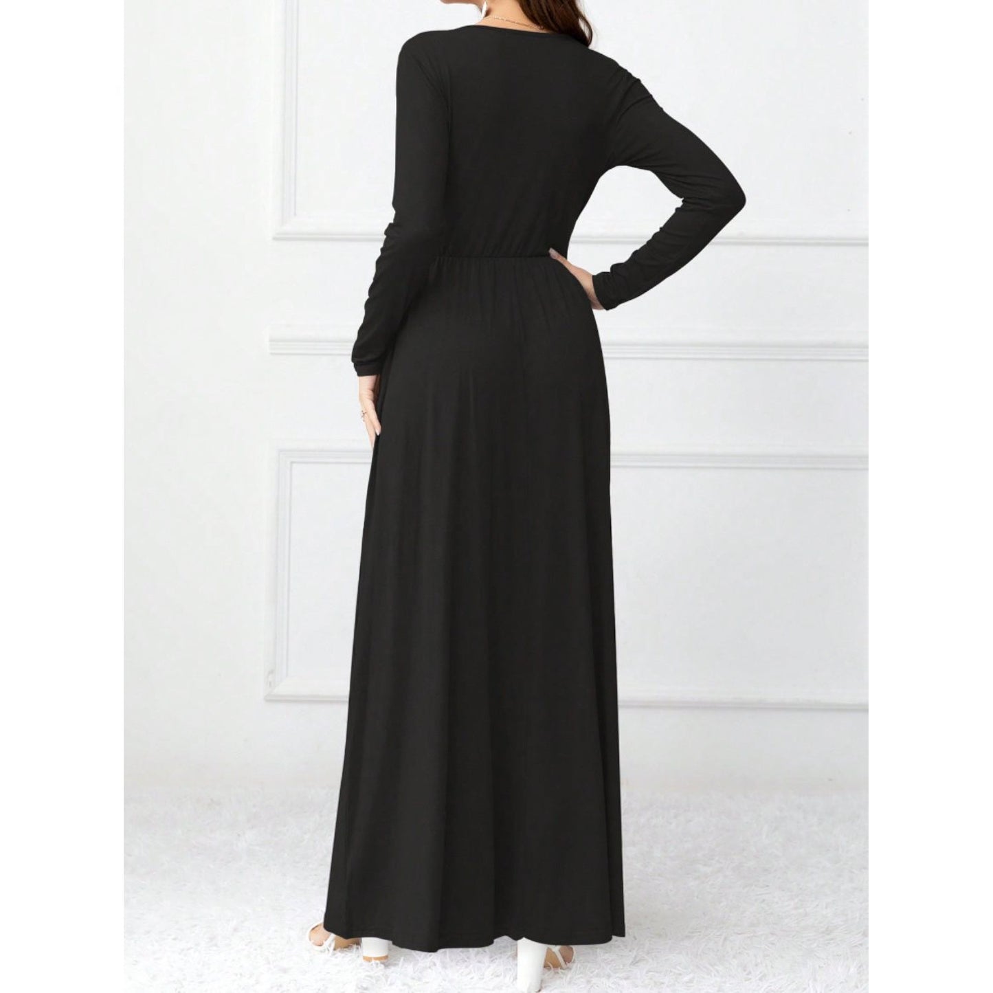 Pocketed Surplice Long Sleeve Maxi Dress