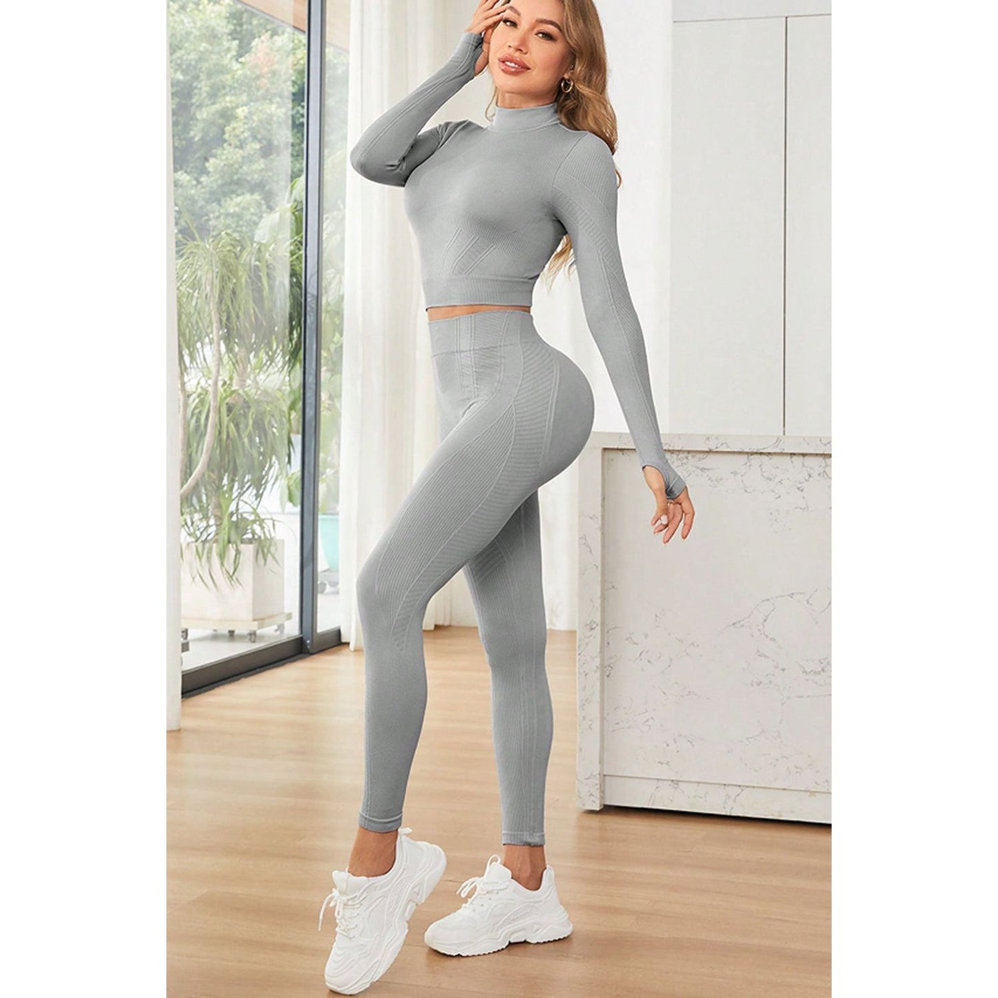 Mock Neck Long Sleeve Top and Leggings Active Set