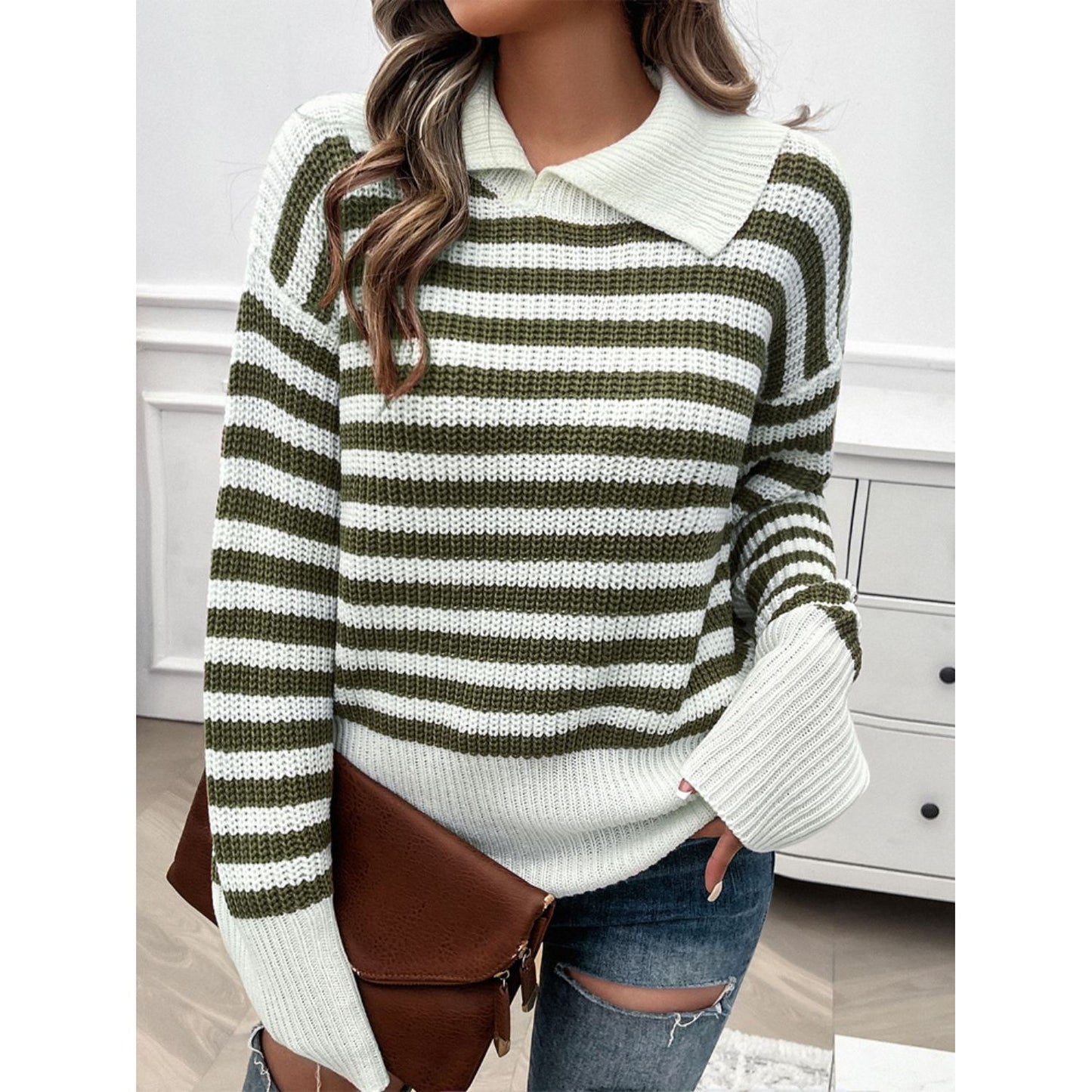 Devine Striped Collared Neck Long Sleeve Sweater