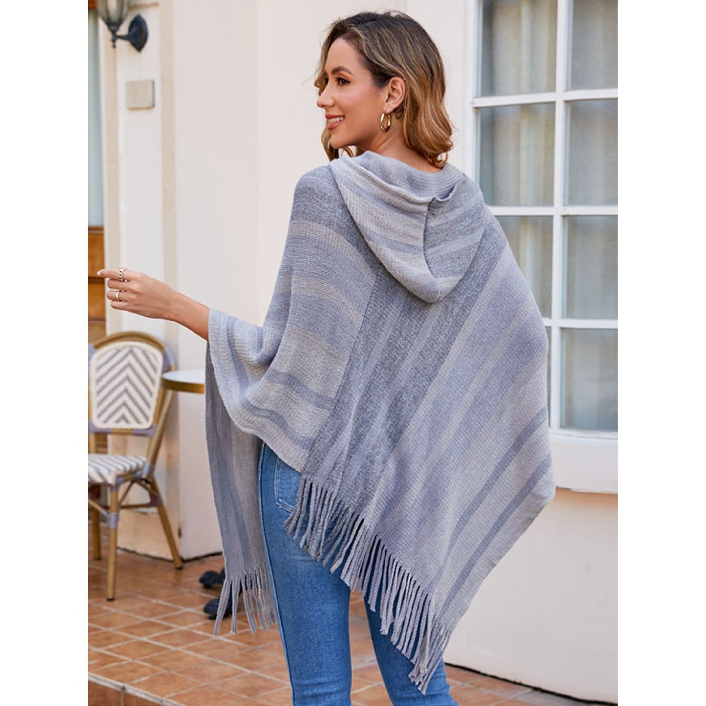 Striped Fringe Hem Hooded Poncho