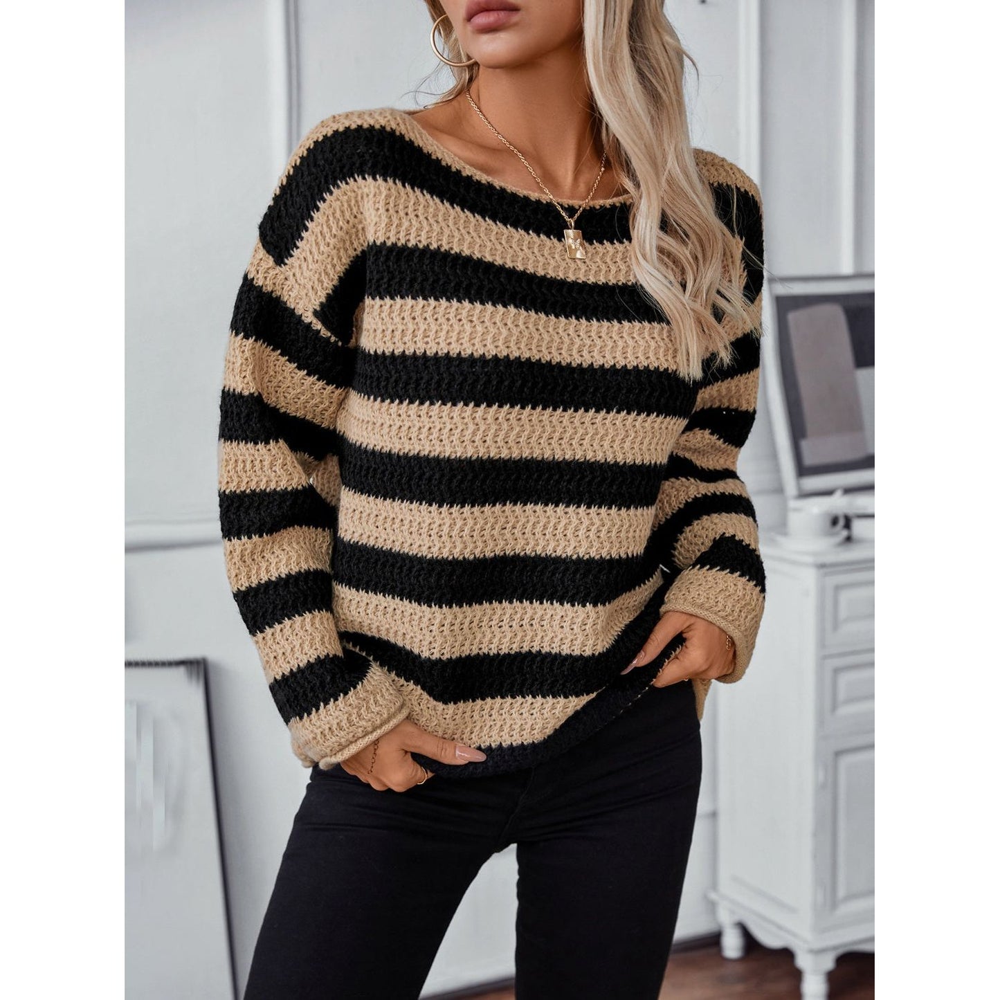 Striped Dropped Shoulder Long Sleeve Sweater