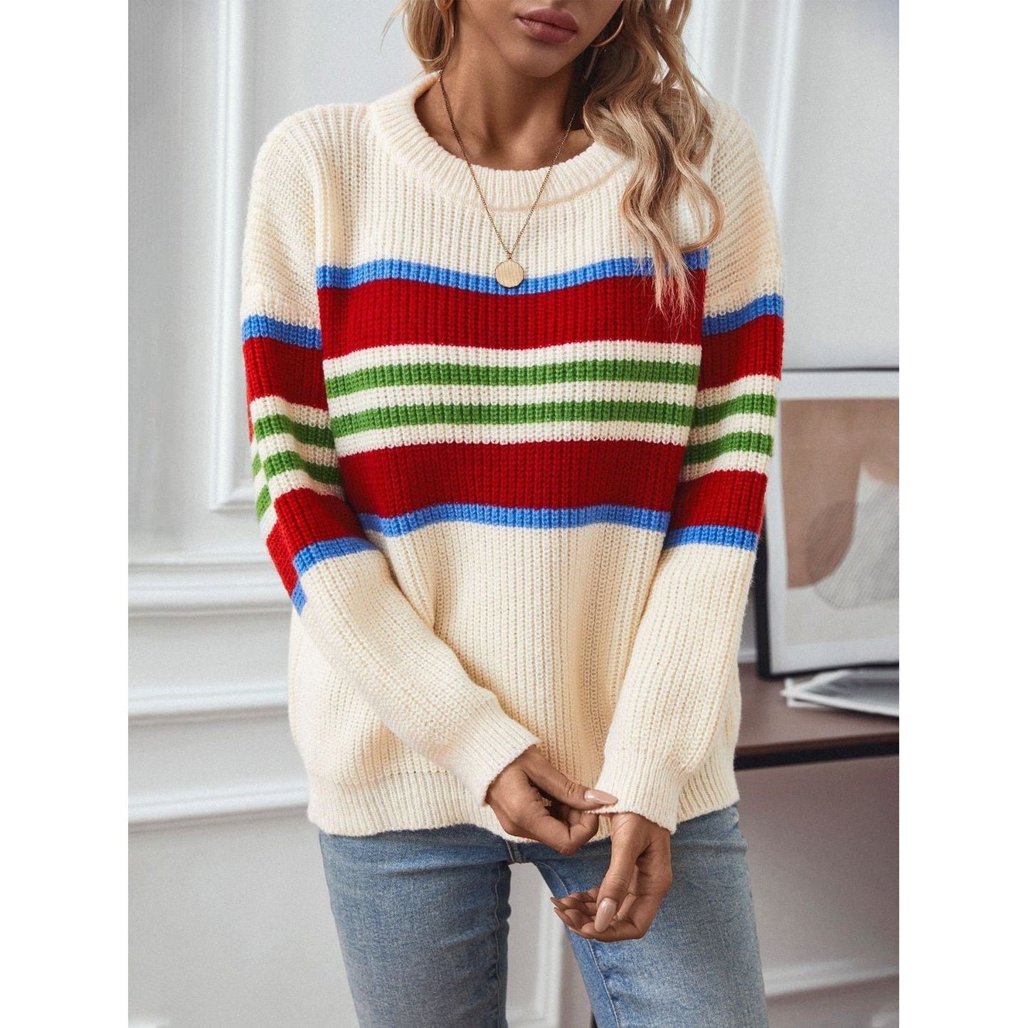 Contrast Stripes Round Neck Long Sleeve Sweater