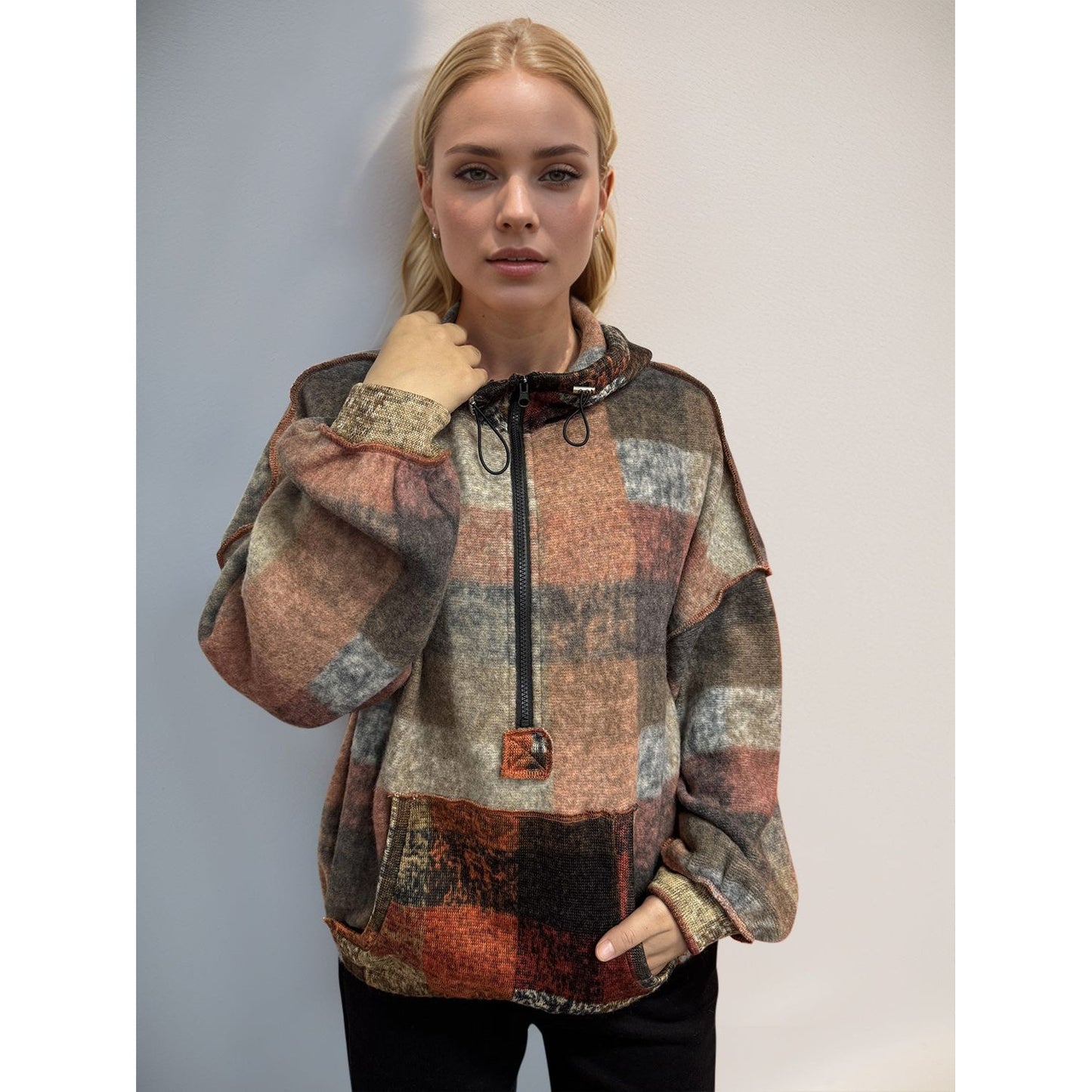 Double Take Full Size Half Zip Exposed Seam Hoodie