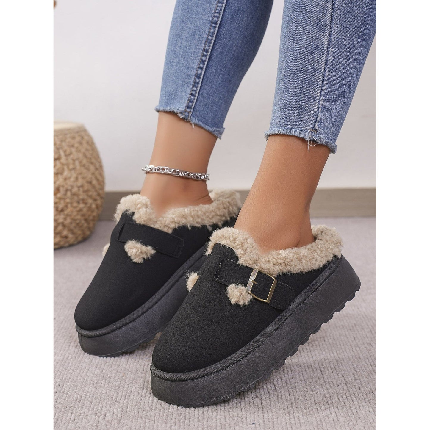 Thermal Fuzzy Buckle Platform Slippers