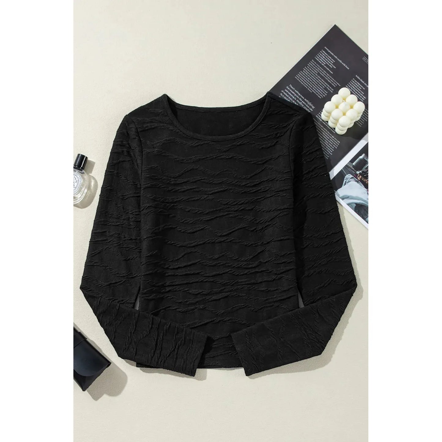 Textured Round Neck Long Sleeve Blouse