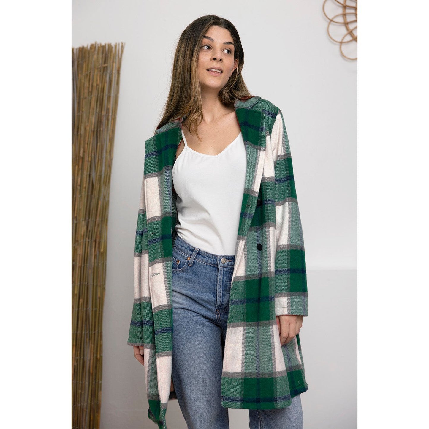 Double Take Full Size Plaid Button Up Lapel Collar Coat