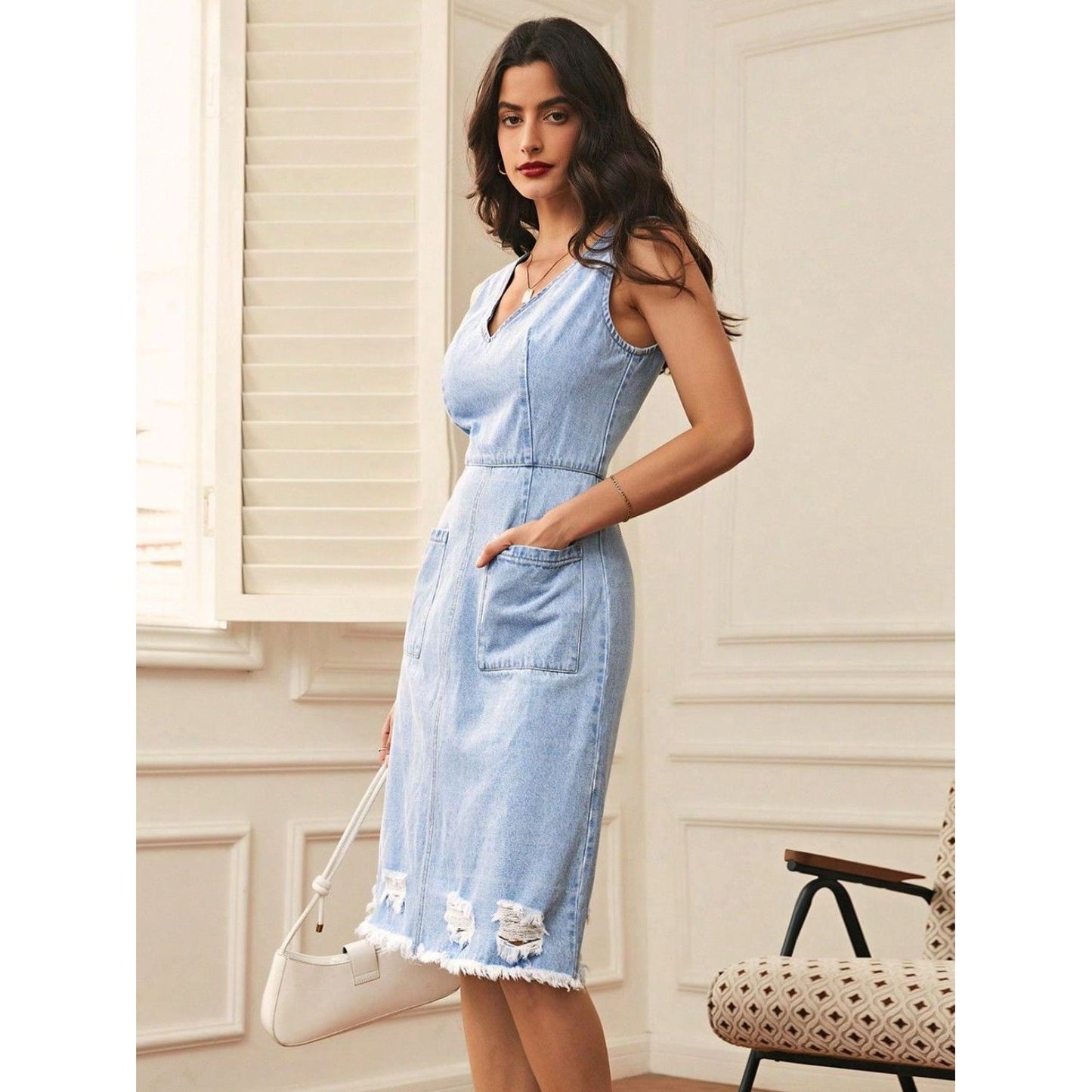 Distressed Raw Hem V-Neck Sleeveless Denim Dress