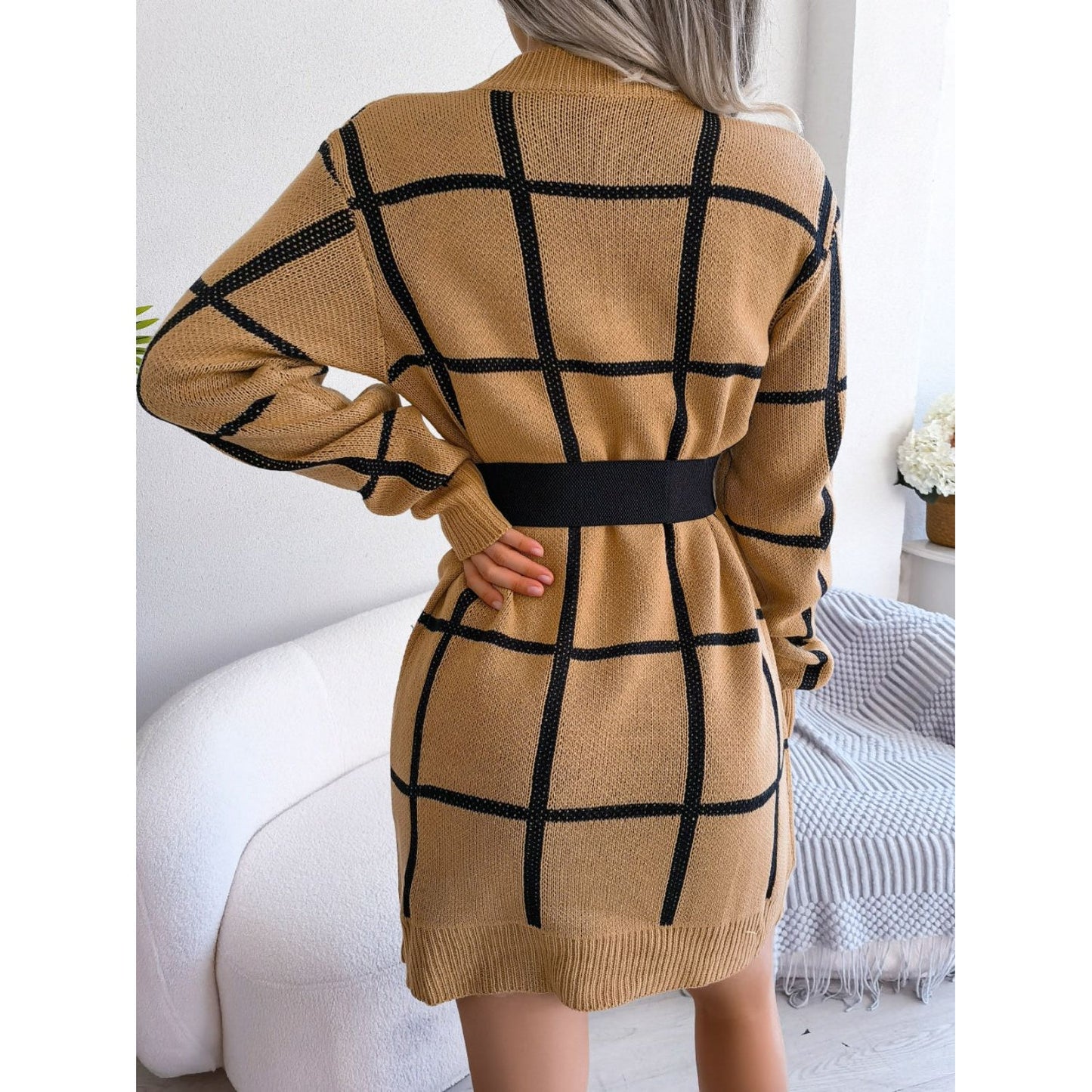 Plaid Round Neck Dropped Shoulder Sweater Dress