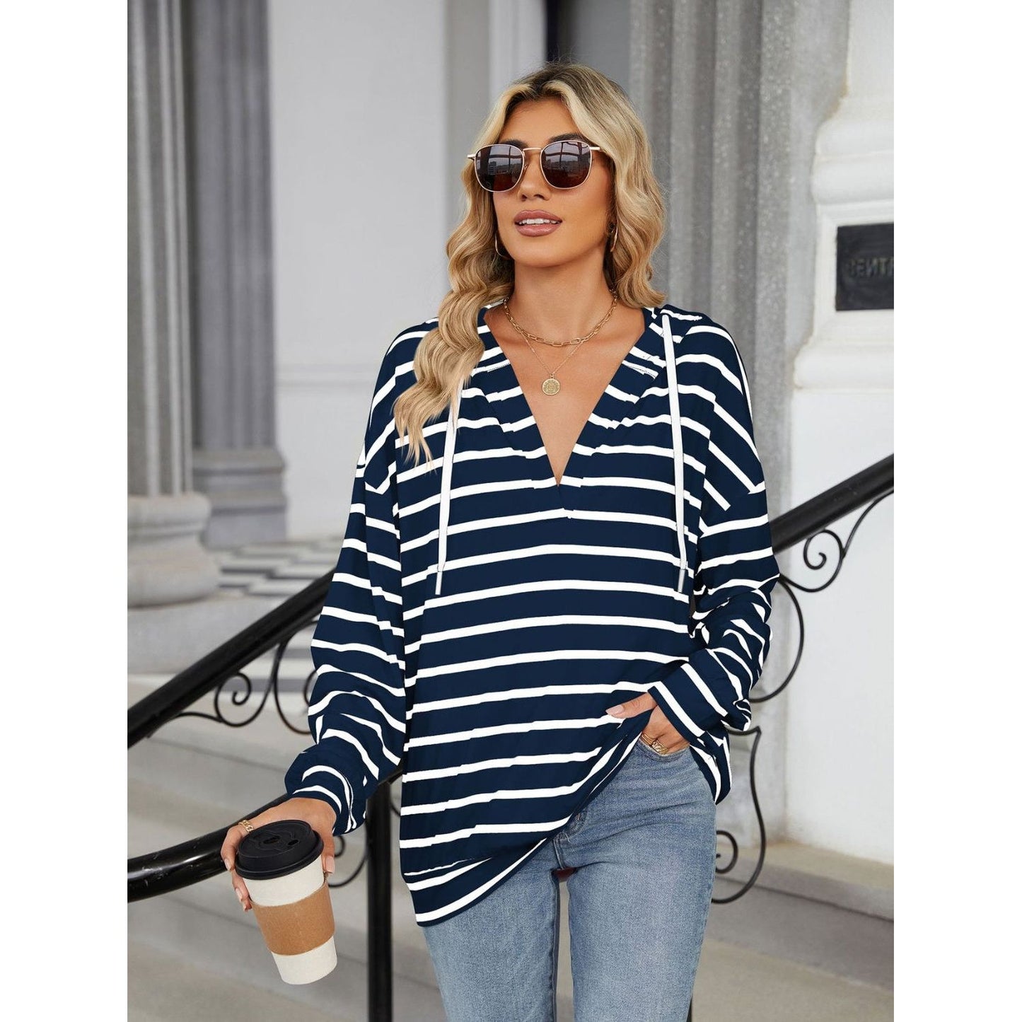 Drawstring Striped Long Sleeve Hoodie