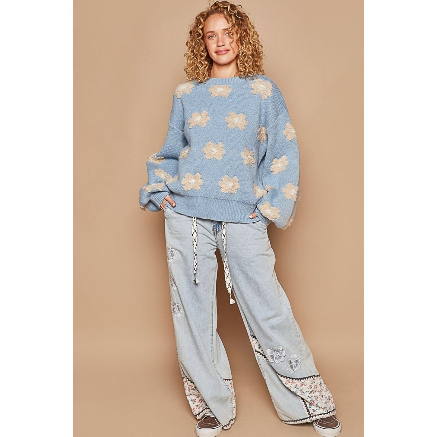 POL Daisy Pattern Drop Shoulder Sweater