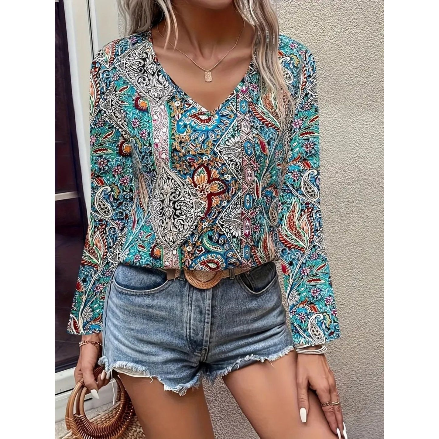 Printed V-Neck Long Sleeve Blouse