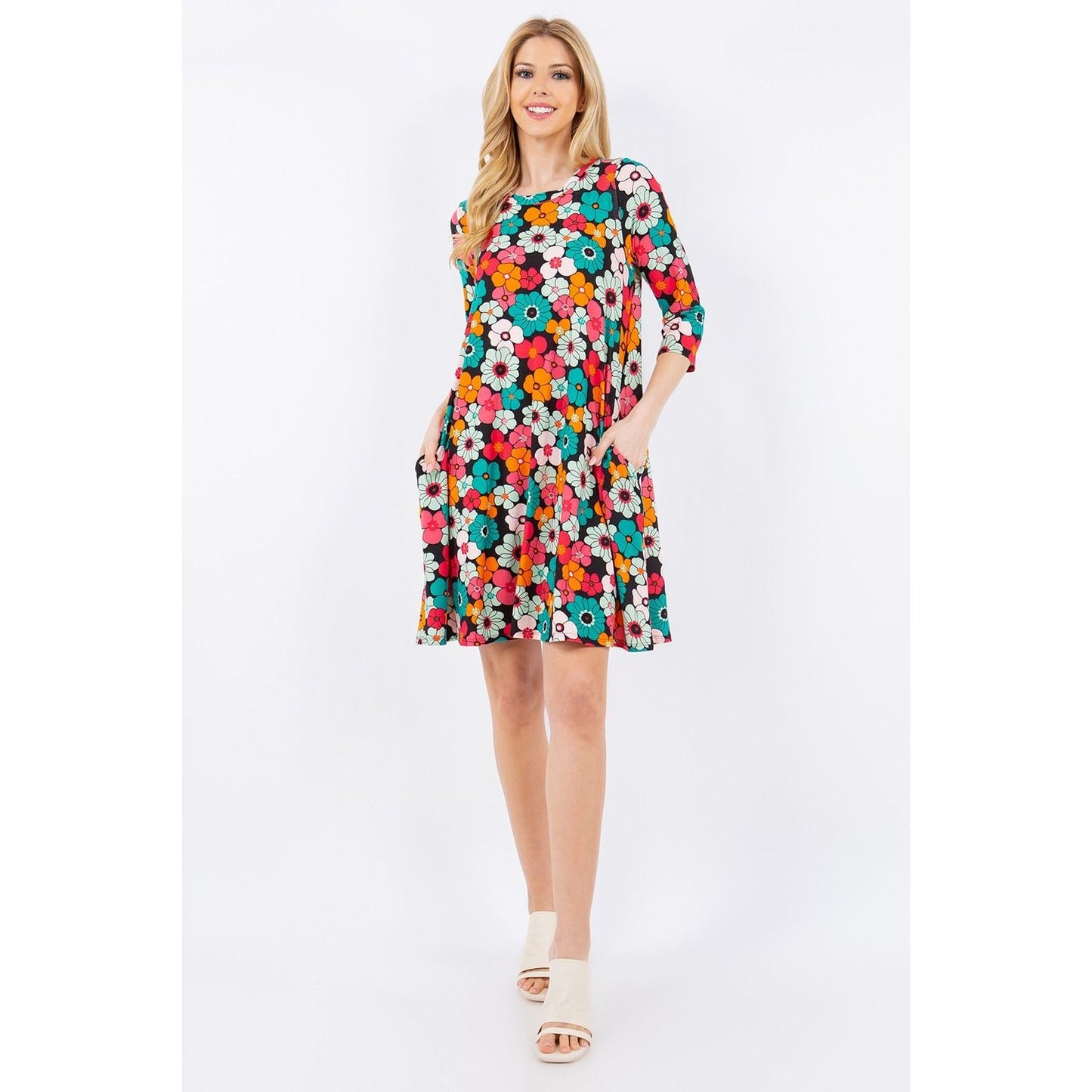 Celeste Full Size Floral Three-Quarter Sleeve Dress with Pockets