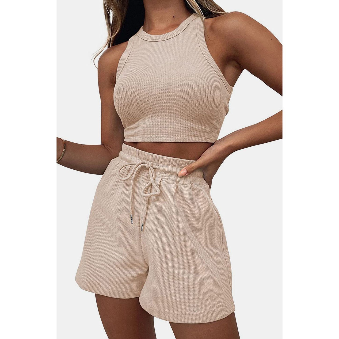 Round Neck Top and Drawstring Shorts Set