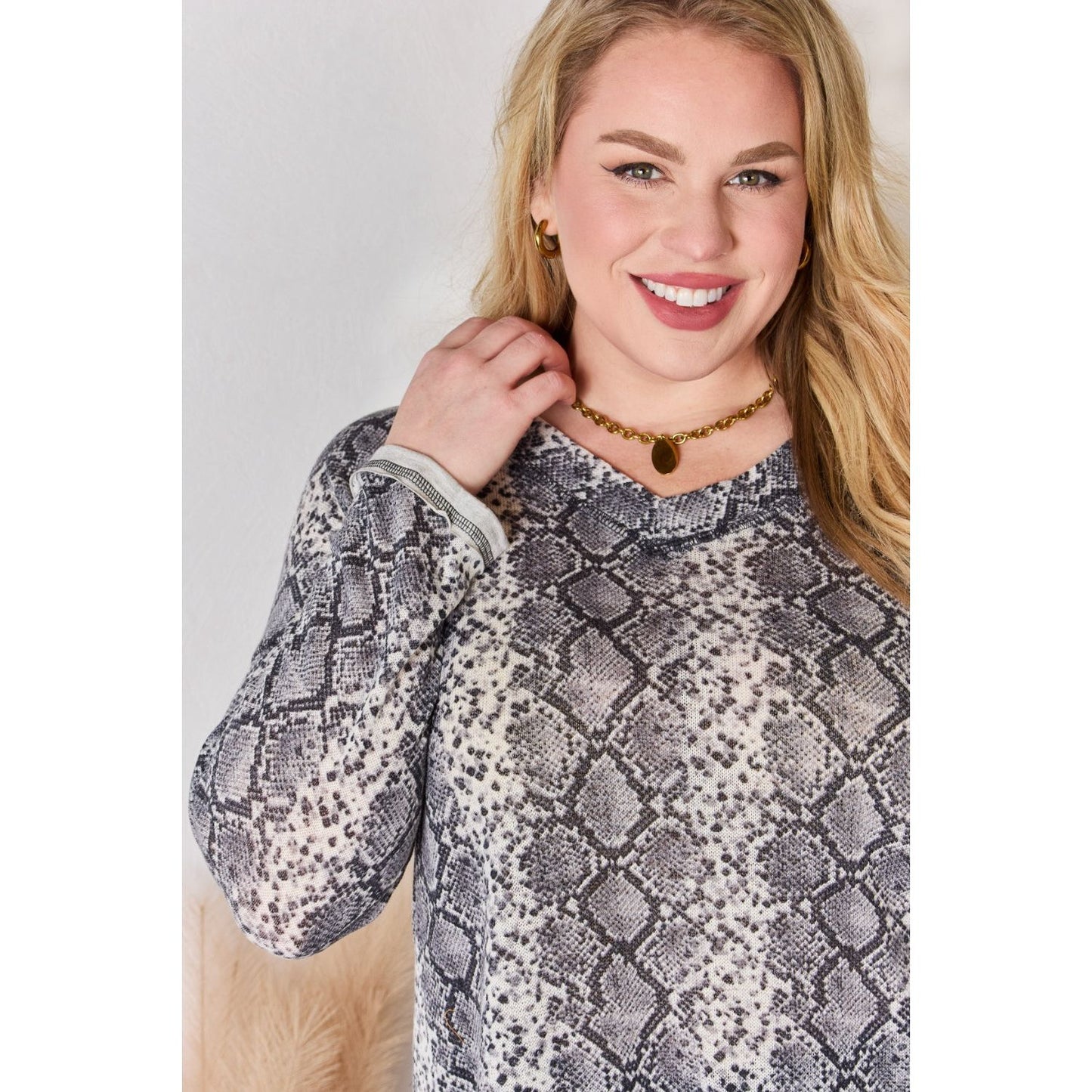 Hailey & Co Full Size Snakeskin V-Neck Long Sleeve Top