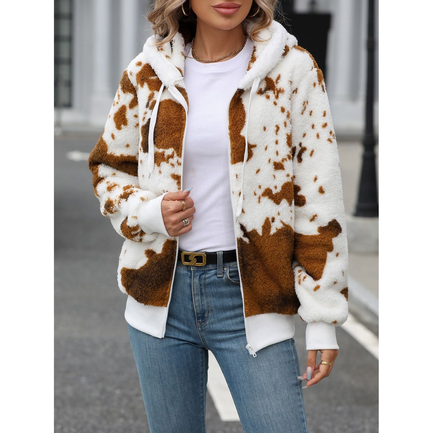 Fuzzy Drawstring Zip Up Hooded Jacket