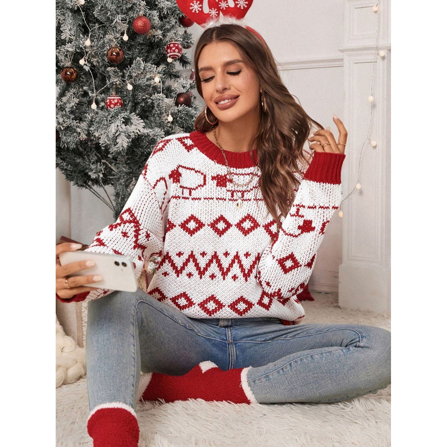 Perfee Contrast Geometric Round Neck Long Sleeve Sweater