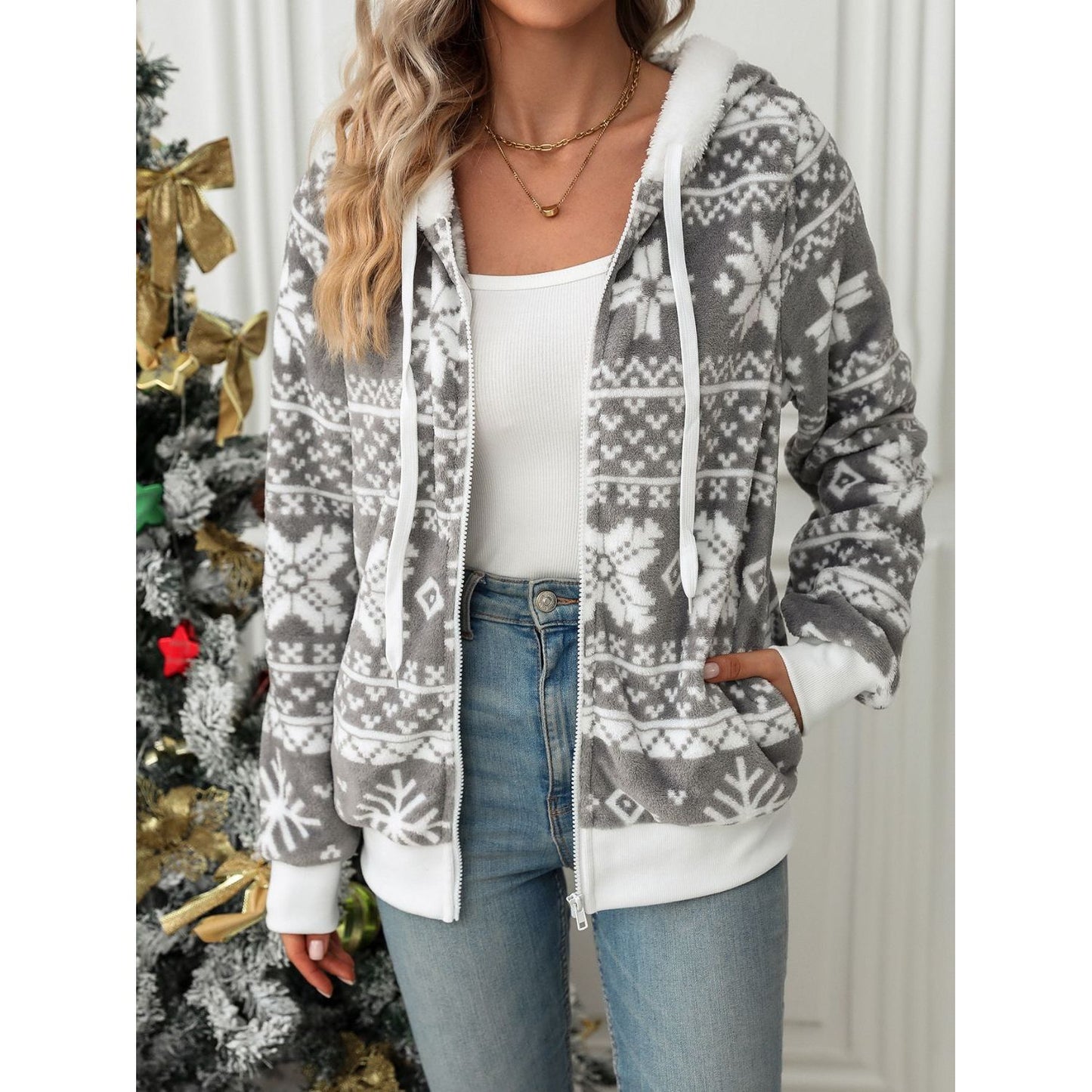 Drawstring Snowflake Zip Up Hooded Outerwear