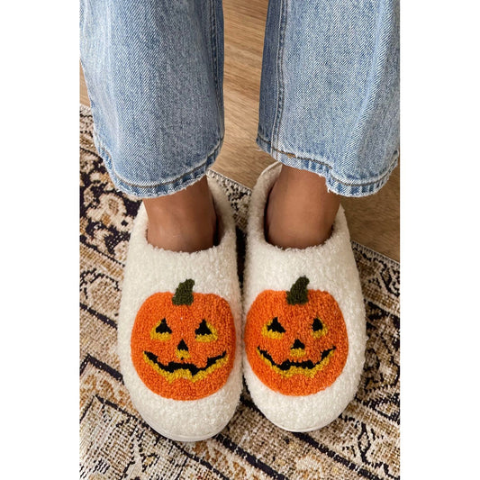 White Halloween Pumpkin Print Plush Slippers (Runs Small, Size Up)