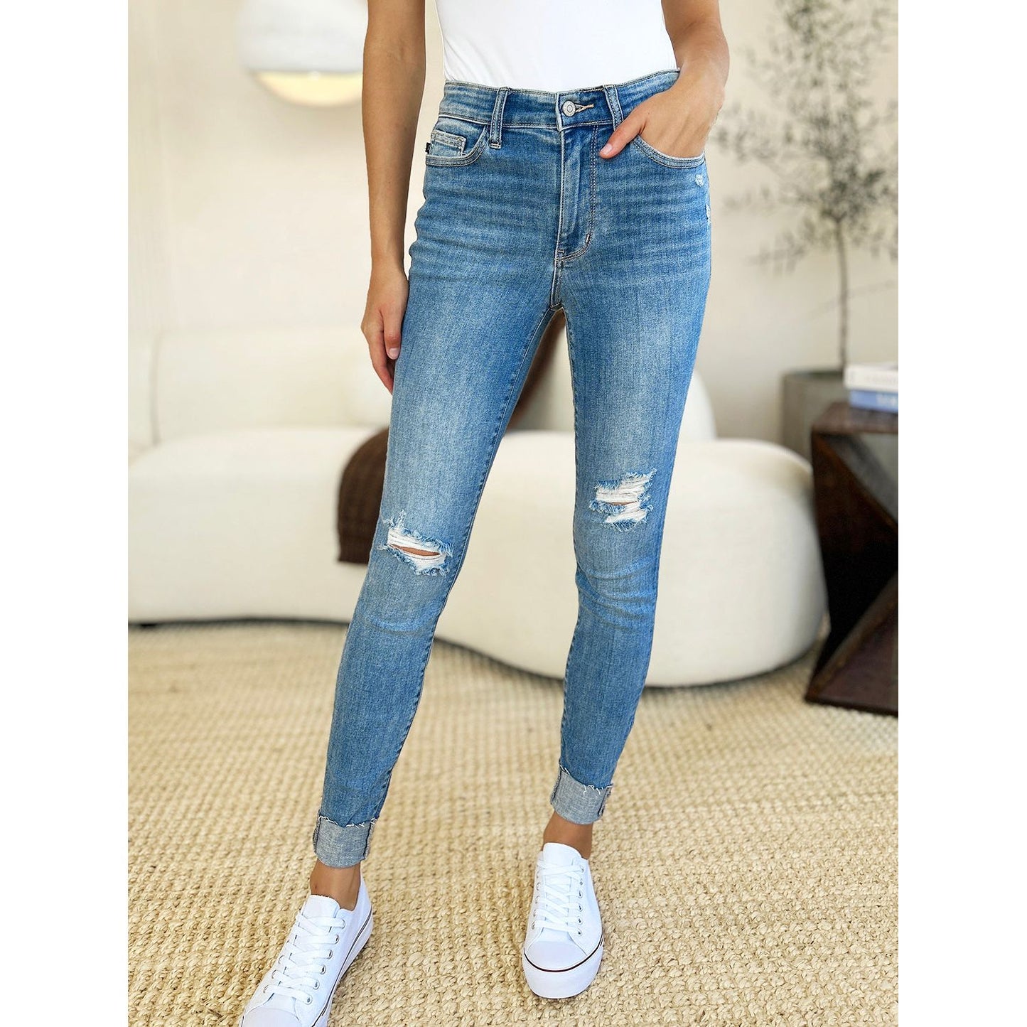 Judy Blue Full Size Mid Rise Destroy & Cuff Skinny Jeans