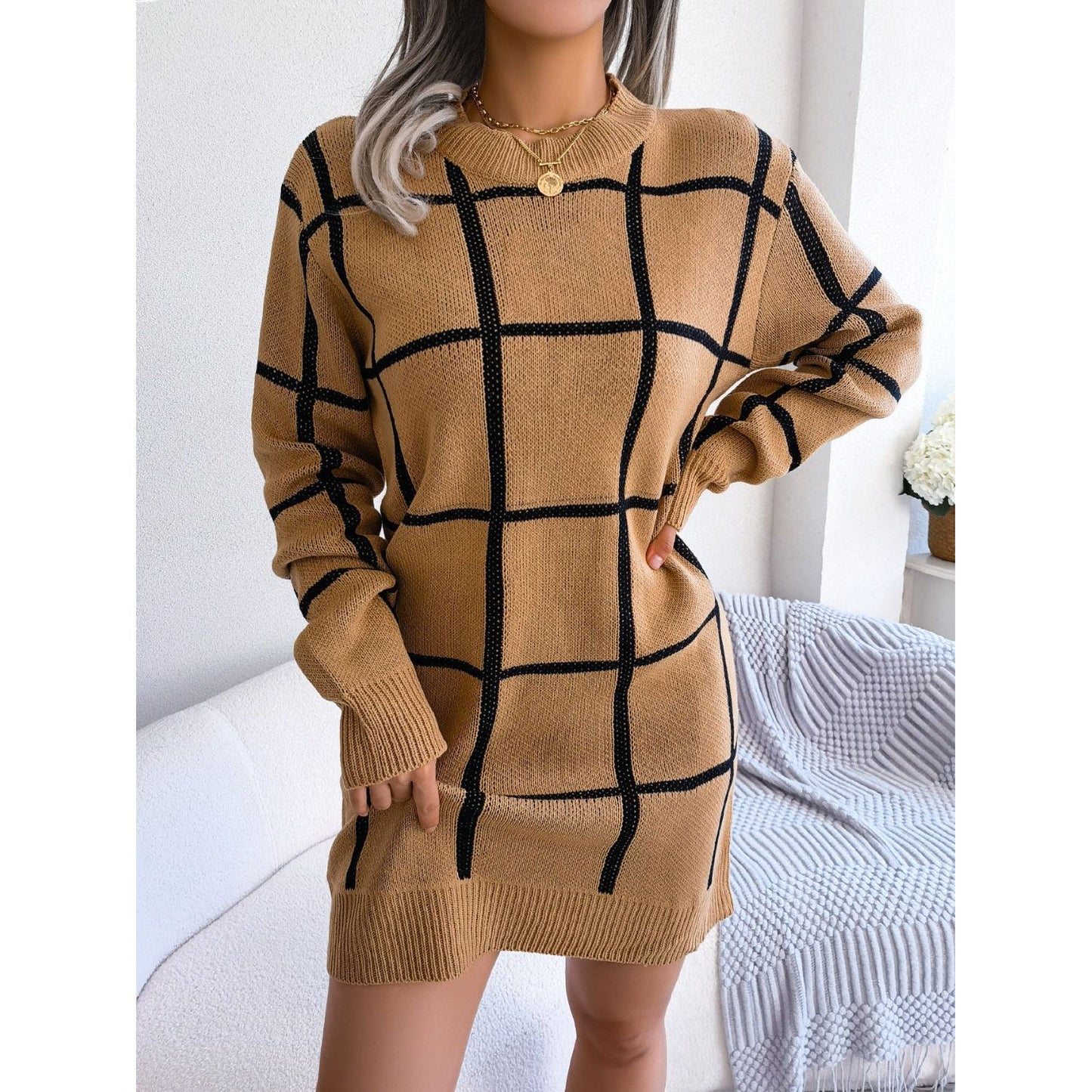 Plaid Round Neck Dropped Shoulder Sweater Dress