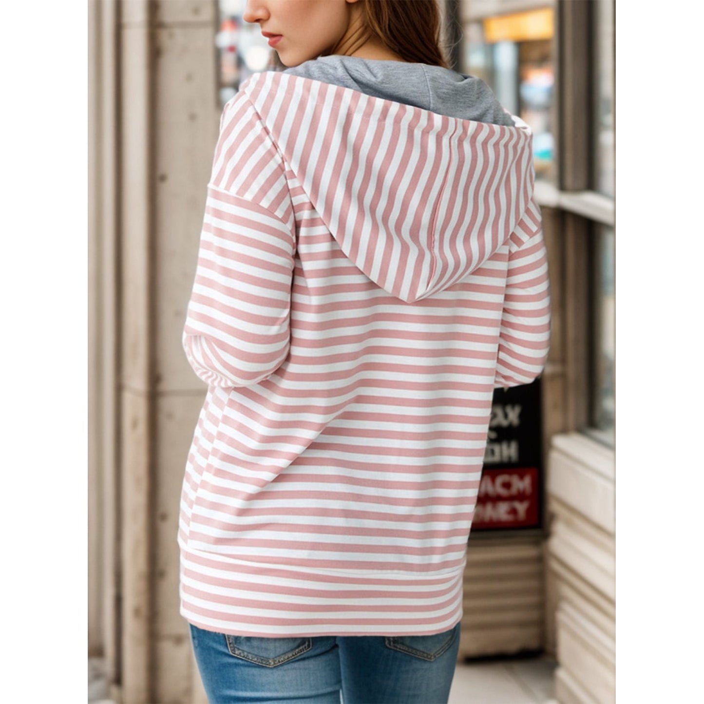 Striped Drawstring Half Zip Hoodie