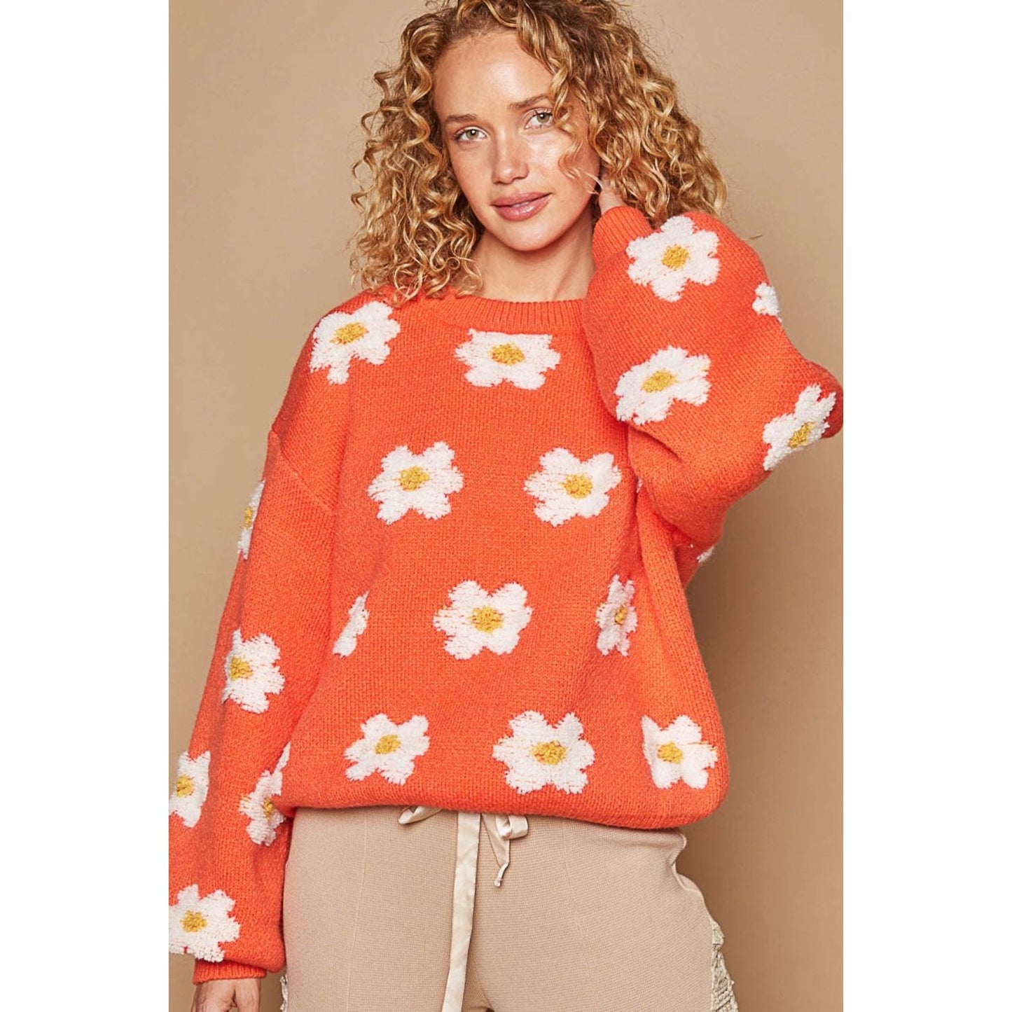 POL Daisy Pattern Drop Shoulder Sweater